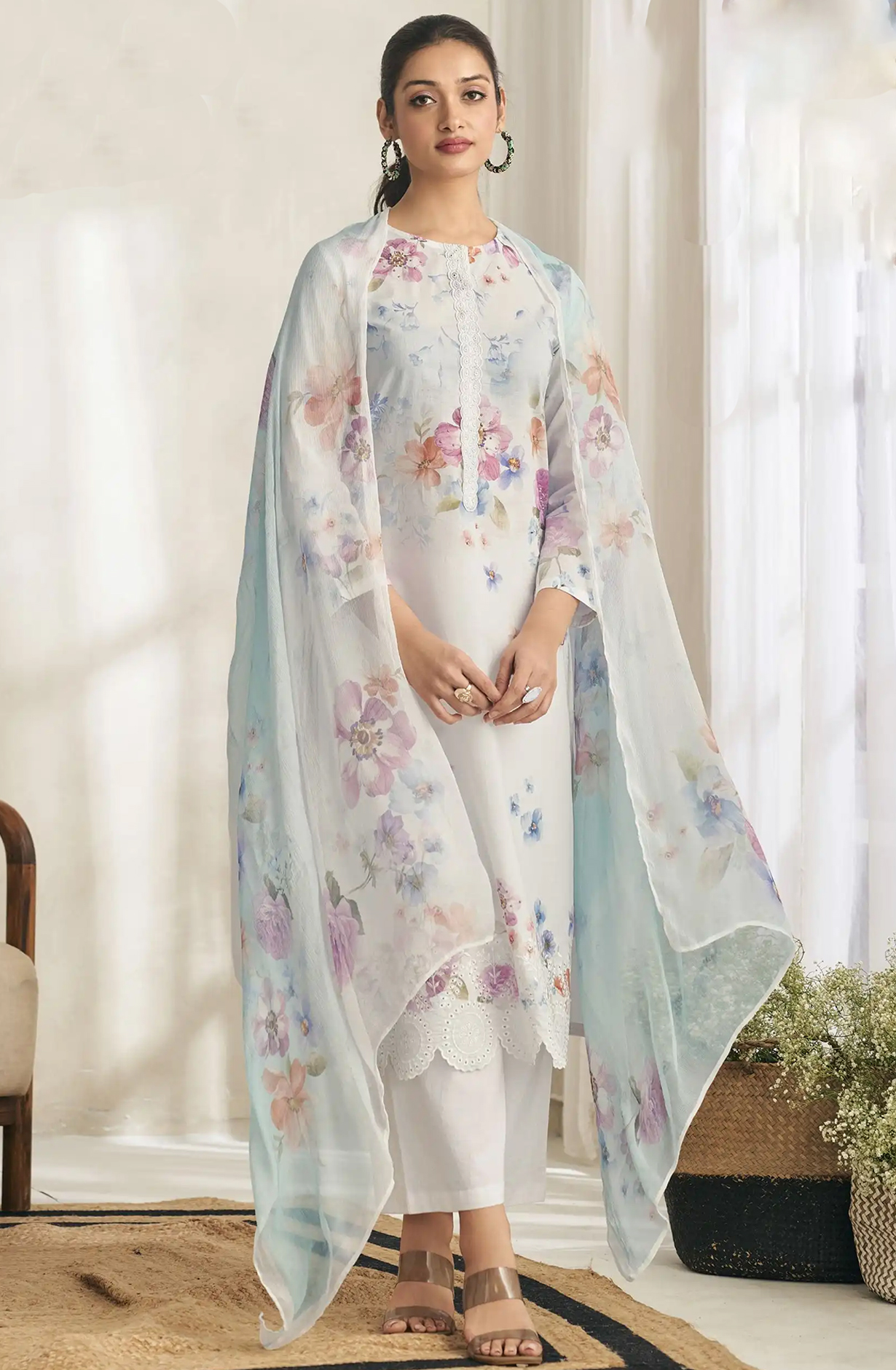 Sky Blue Cotton Lawn Beautiful Suit Set - AVI1175
