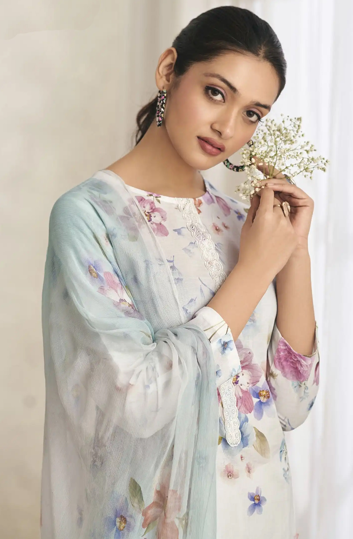 Sky Blue Cotton Lawn Beautiful Suit Set - AVI1175