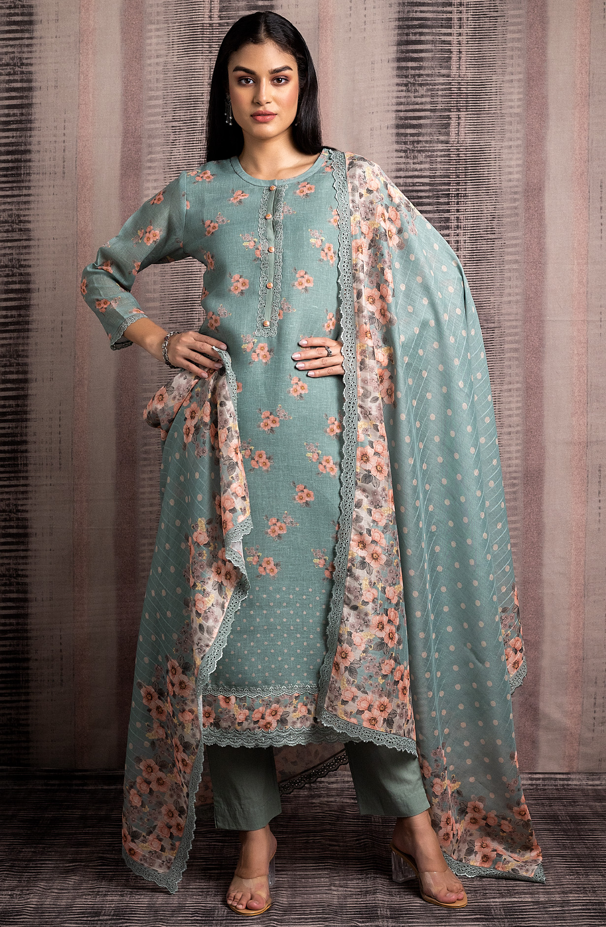 Pastel Green Linen Digital Printed Suit-sets with Dupatta - AYS1952