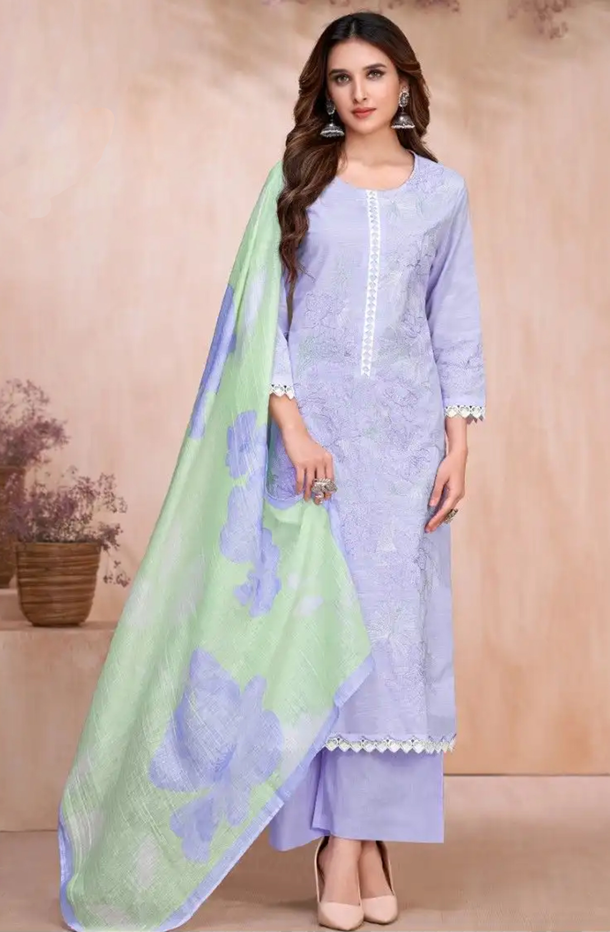 Purple Cotton Linen Beautiful Suit Set with Dupatta- AZA652