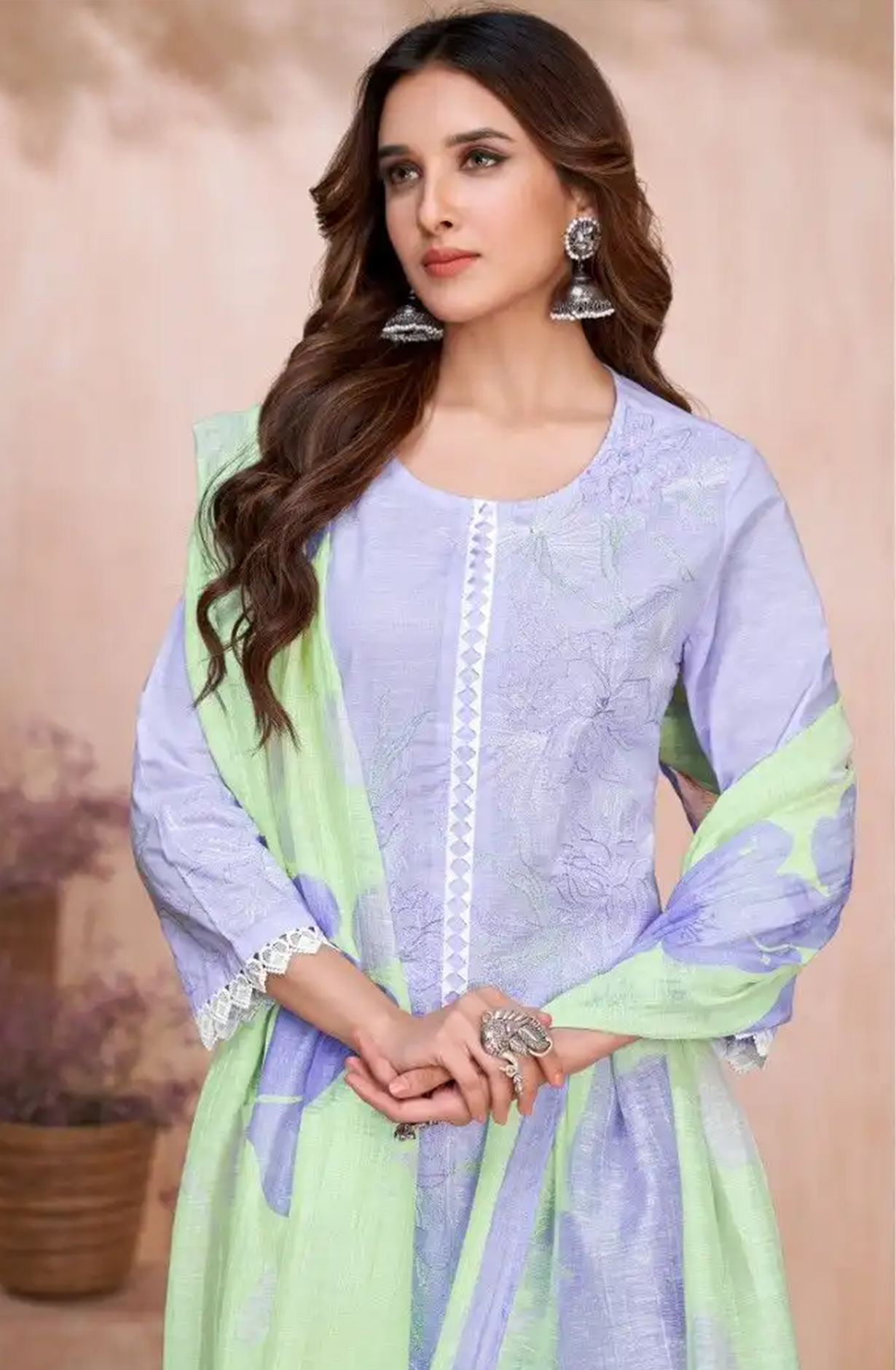Purple Cotton Linen Beautiful Suit Set with Dupatta- AZA652