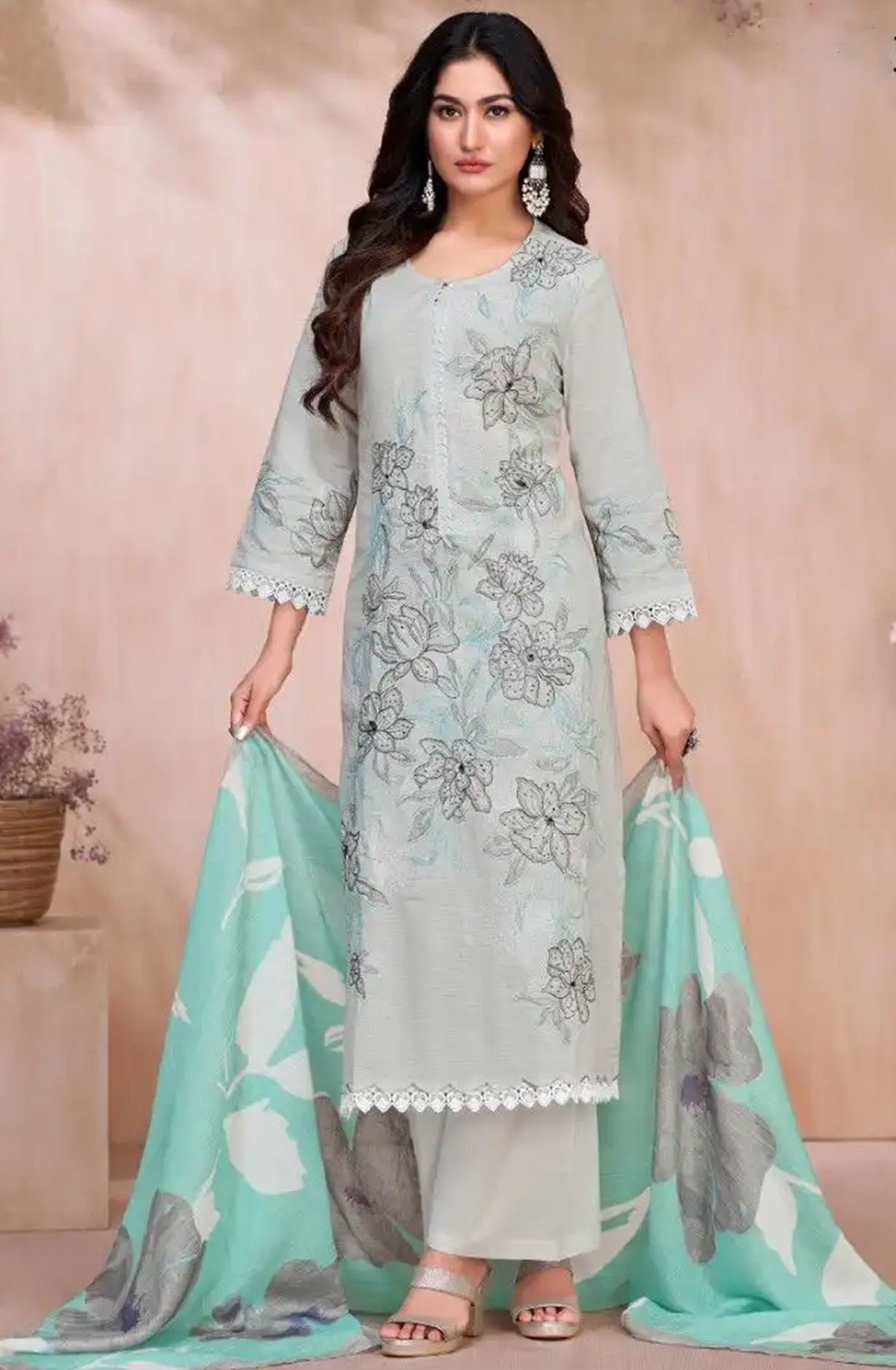 Grey Cotton Linen Beautiful Suit Set with Dupatta- AZA663
