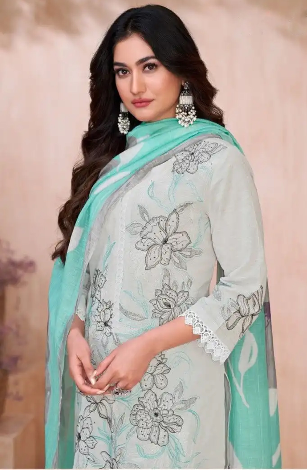 Grey Cotton Linen Beautiful Suit Set with Dupatta- AZA663