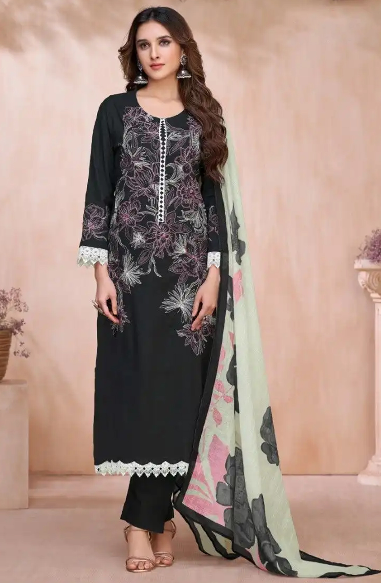 Black Cotton Linen Beautiful Suit Set with Dupatta- AZA678