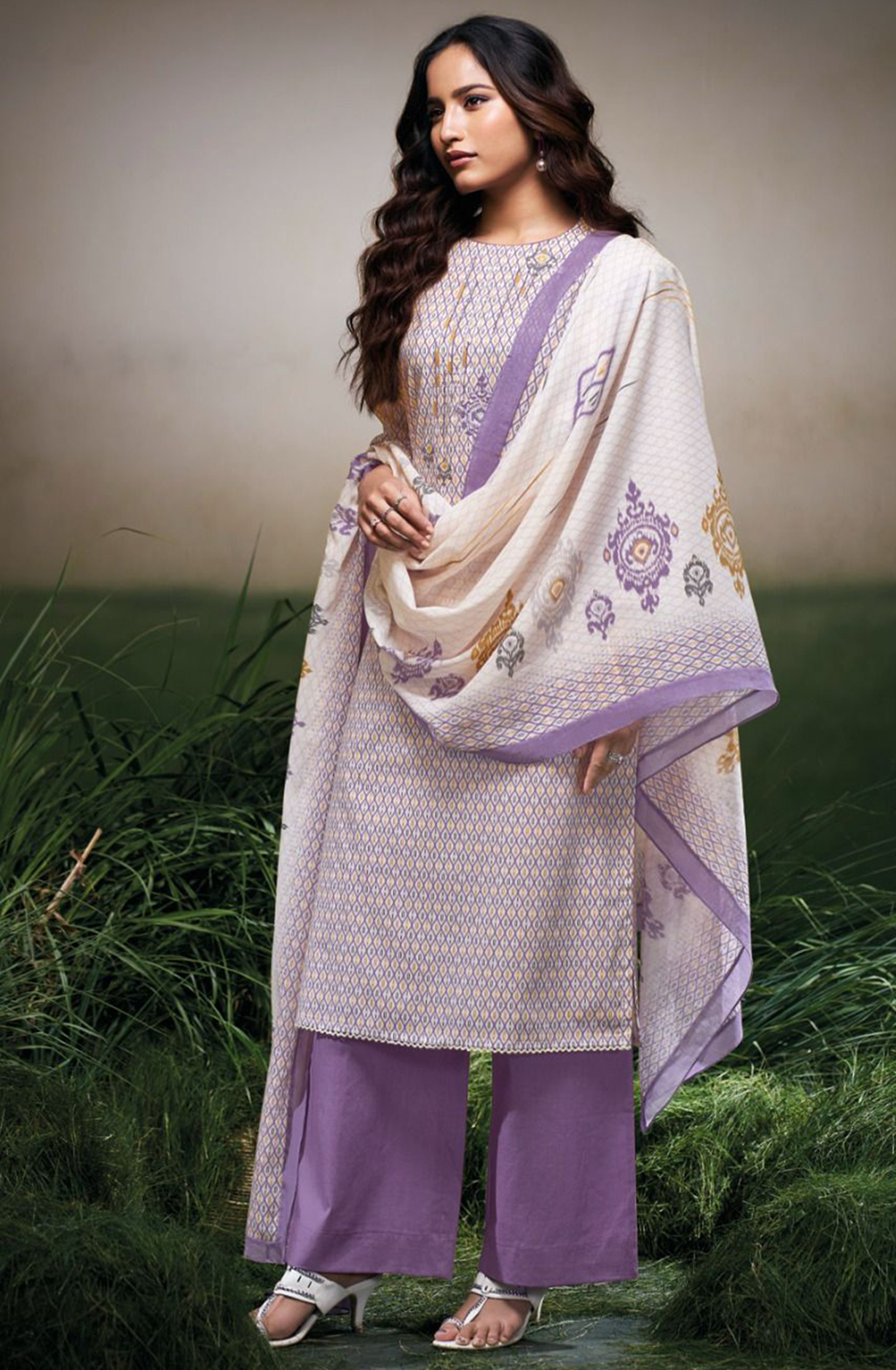 Purple Cotton Printed Suit set with Cotton Dupatta - AZAS3478B