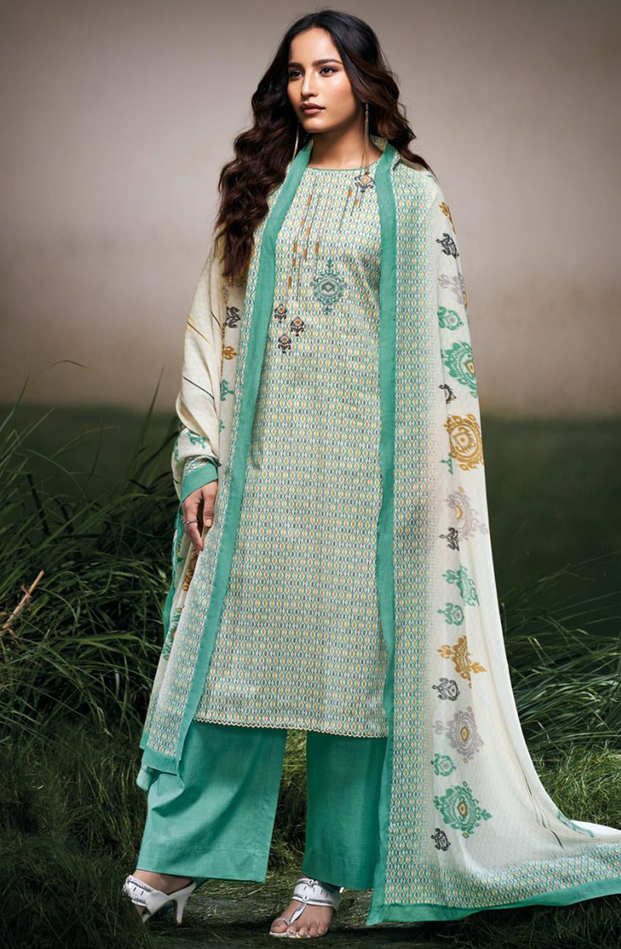 Green Cotton Printed Suit set with Cotton Dupatta - AZAS3478C