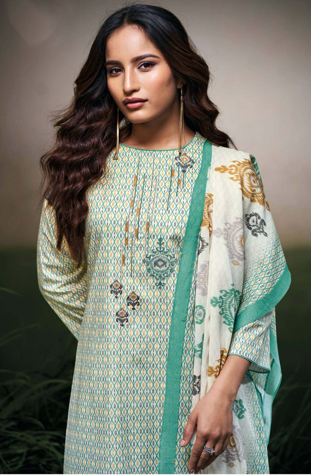 Green Cotton Printed Suit set with Cotton Dupatta - AZAS3478C