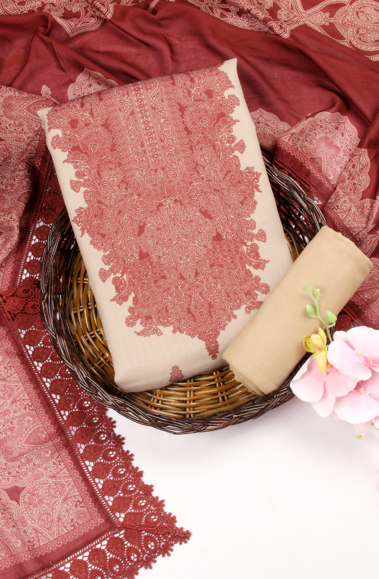 Beige Pashmina Winter Wear Unstitched Salwar Suit - AZI1616