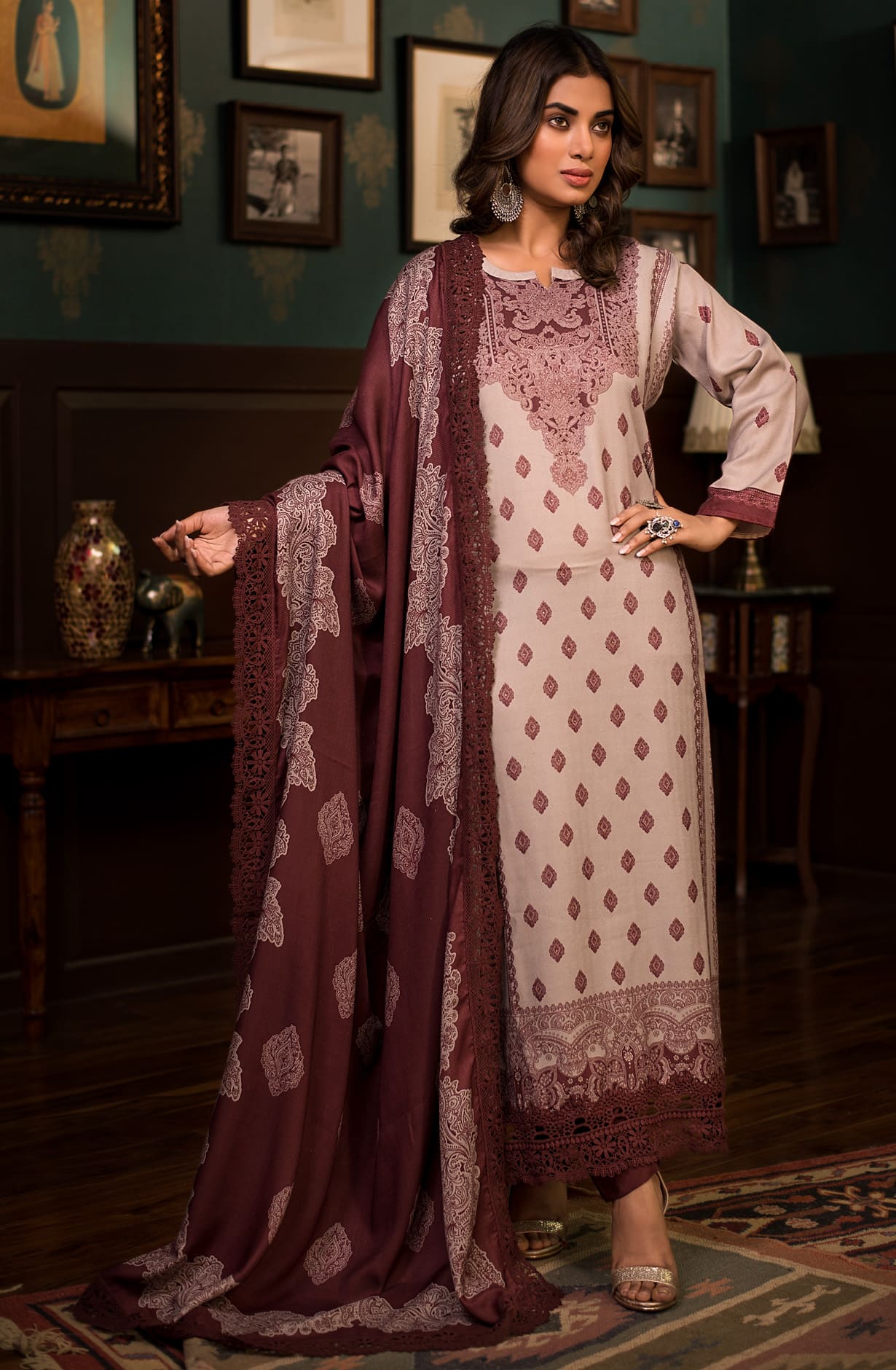 Beige Pashmina Winterwear Printed Unstitched Salwar Kameez - AZI1618