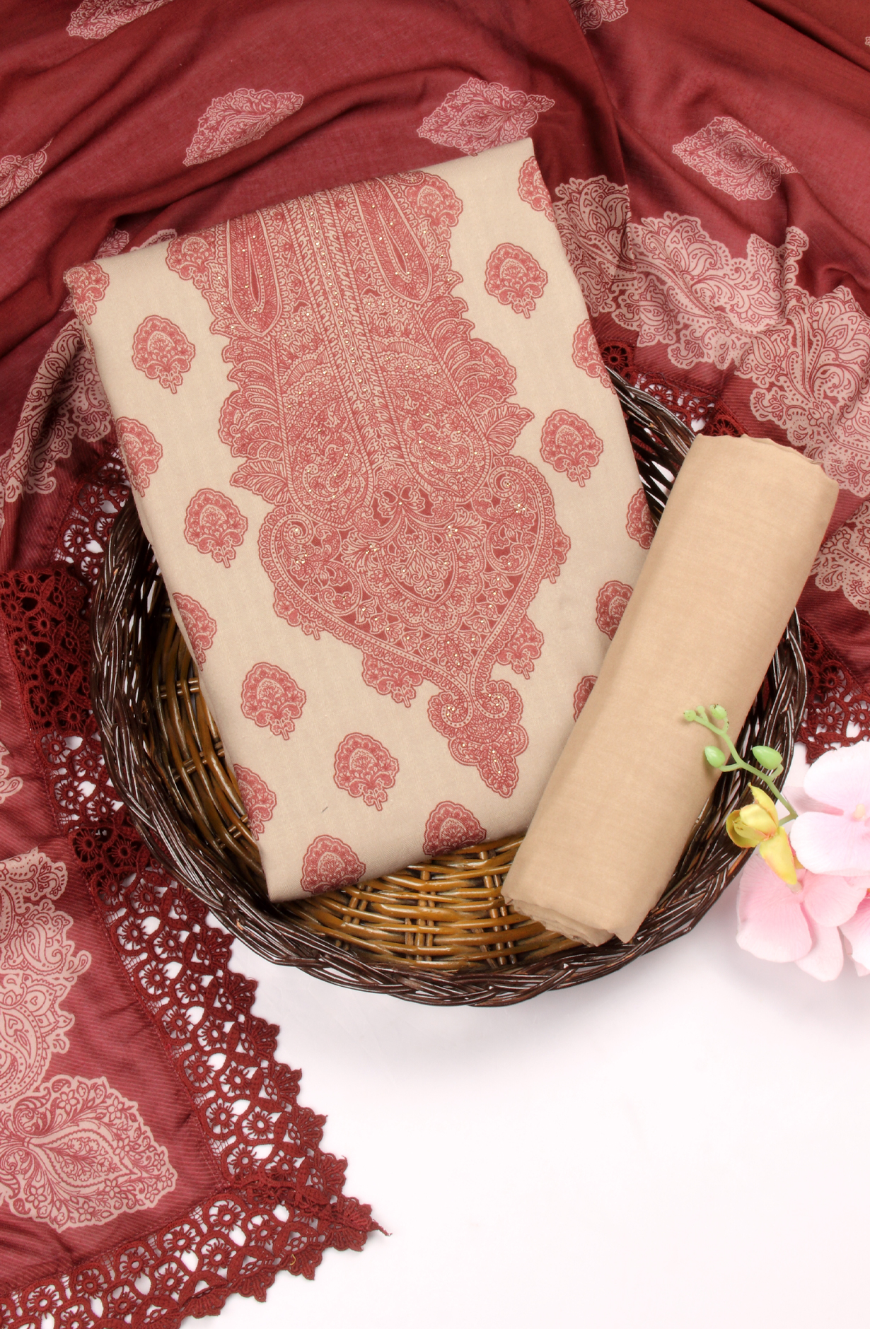 Beige Pashmina Winter Wear Unstitched Salwar Suit - AZI1618