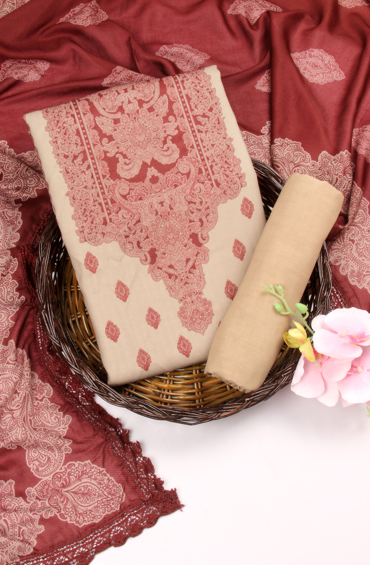 Beige Pashmina Winter Wear Unstitched Salwar Suit - AZI1618A