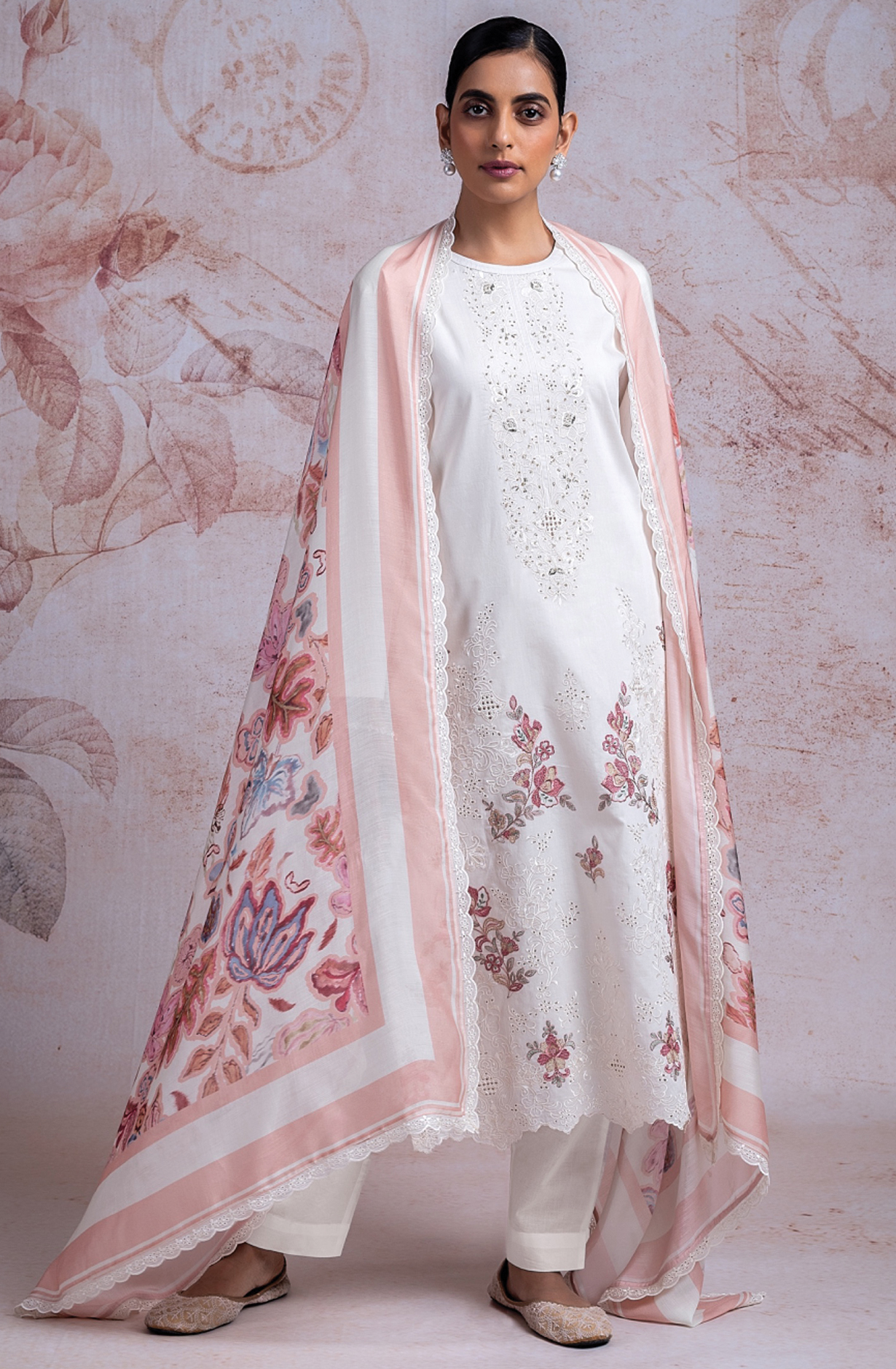 White Pure Cotton Suit Set with Muslin Dupatta -AZR2444A