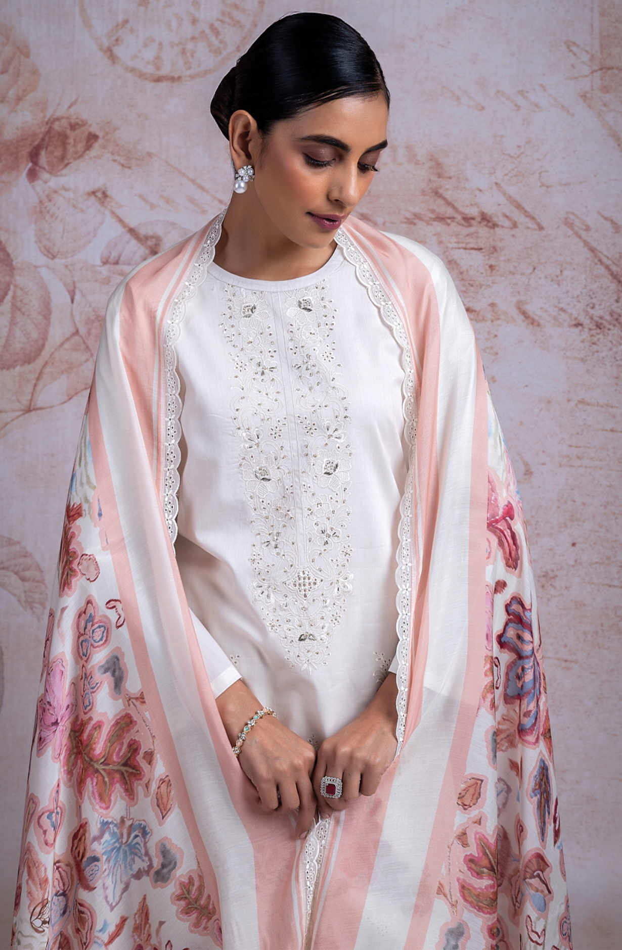 White Pure Cotton Suit Set with Muslin Dupatta -AZR2444A