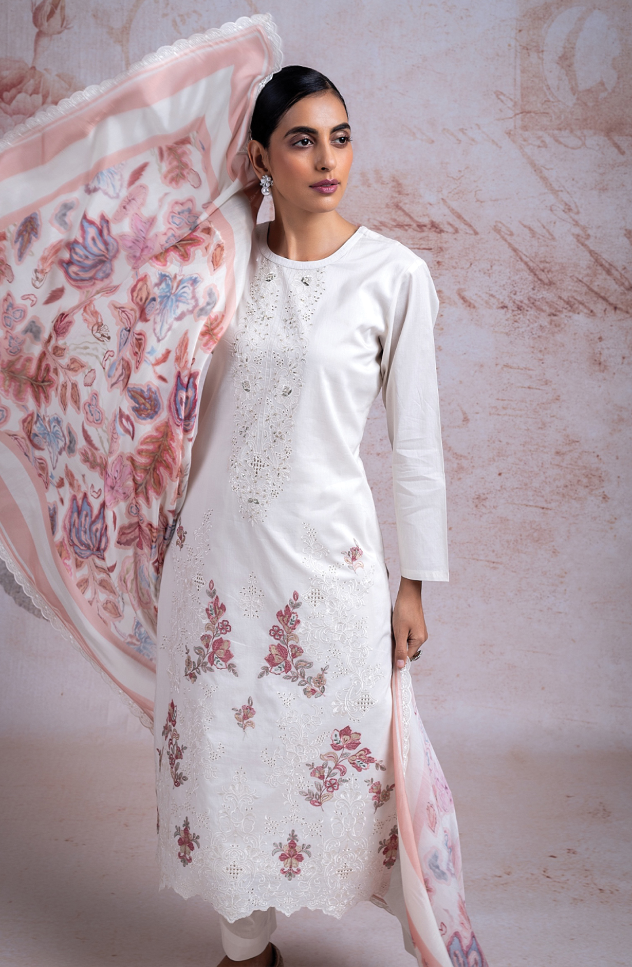 White Pure Cotton Suit Set with Muslin Dupatta -AZR2444A