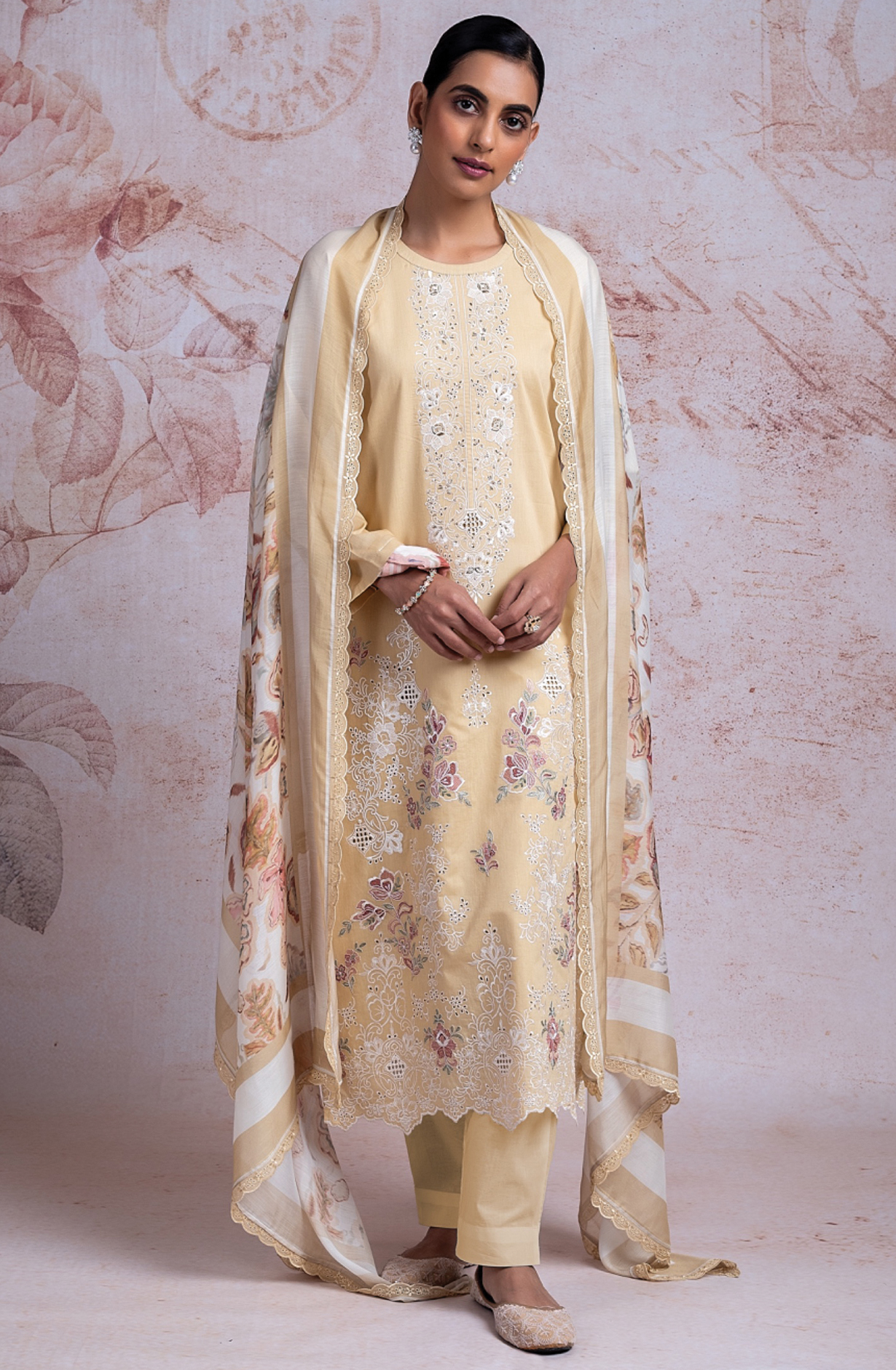 Yellow Pure Cotton Suit Set with Muslin Dupatta -AZR2444B