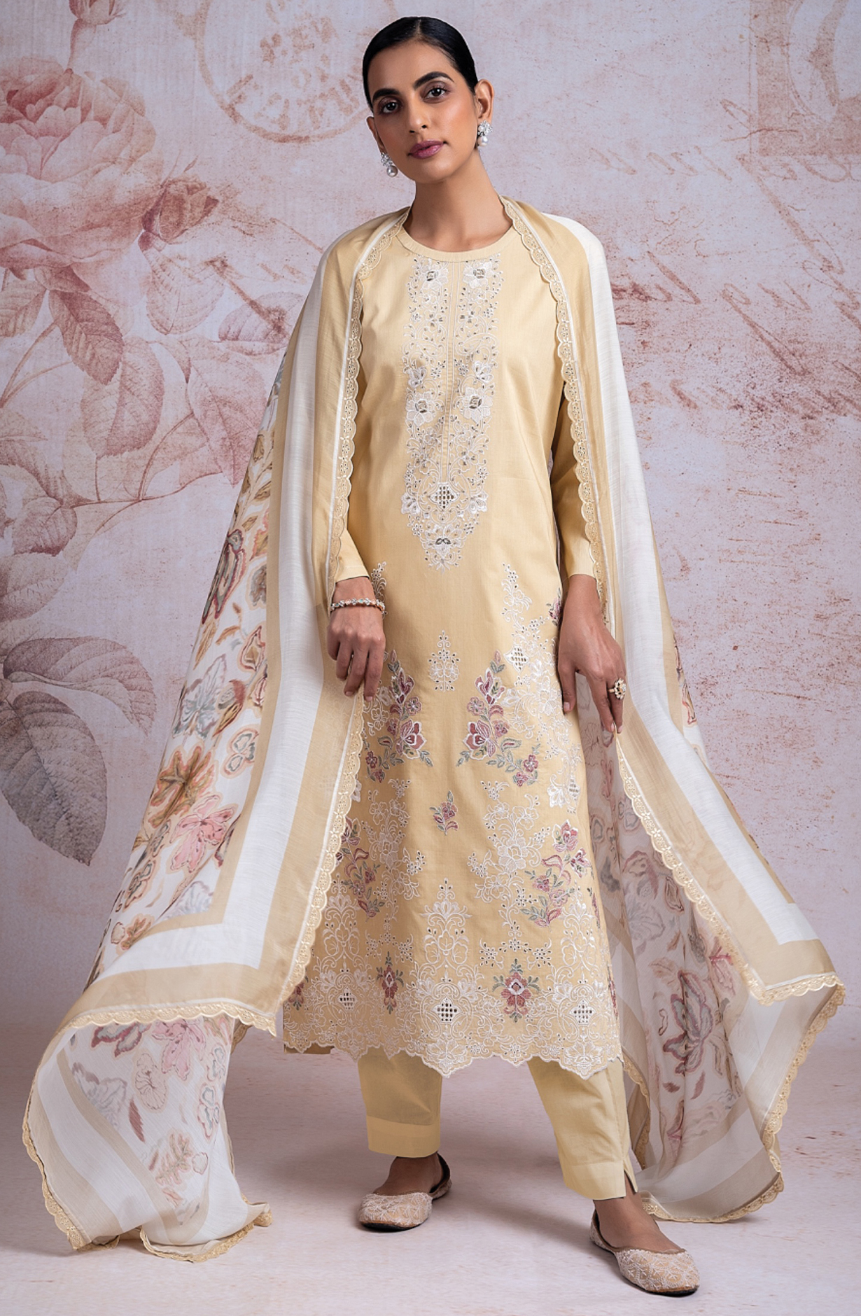 Yellow Pure Cotton Suit Set with Muslin Dupatta -AZR2444B