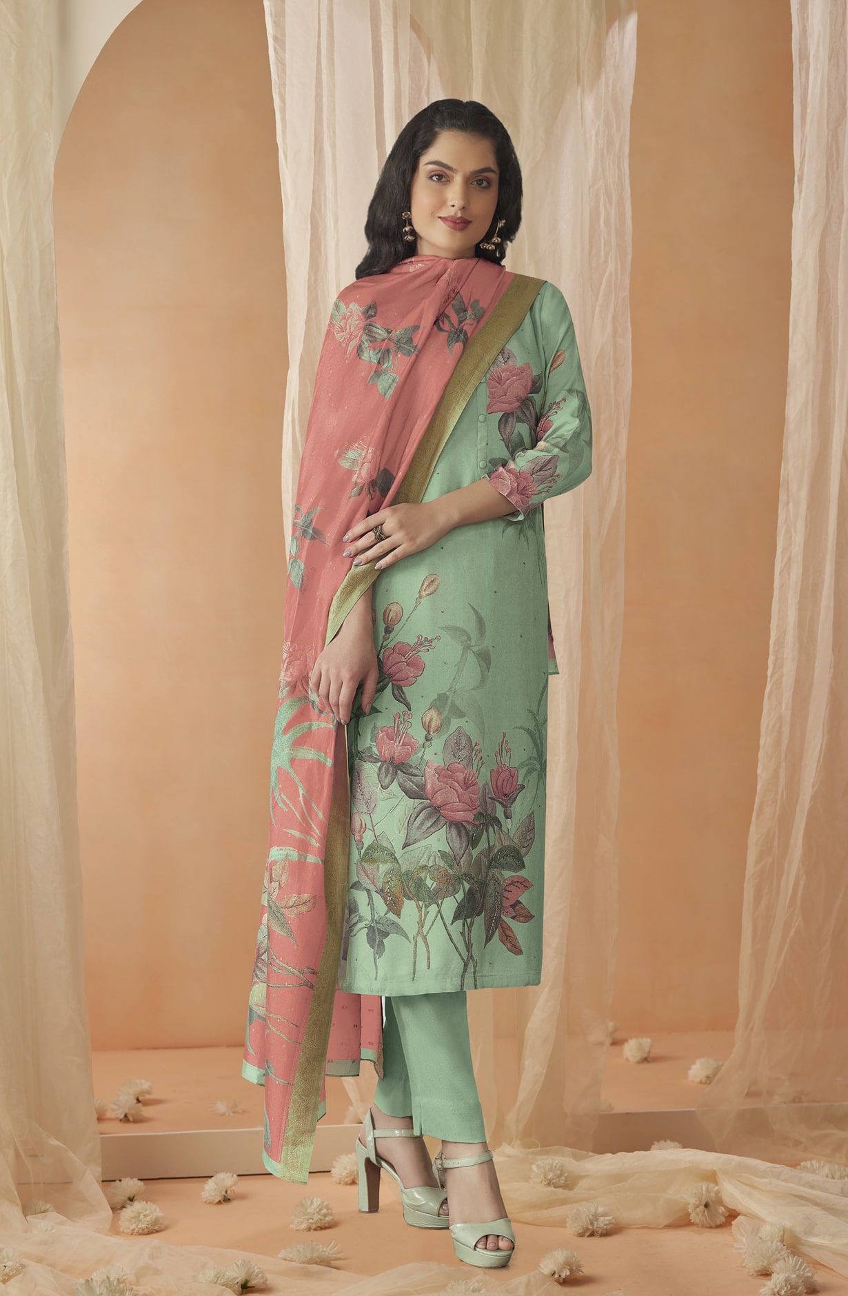 Green Cotton Digital Printed Unstitched Salwar Kameez - BAI516