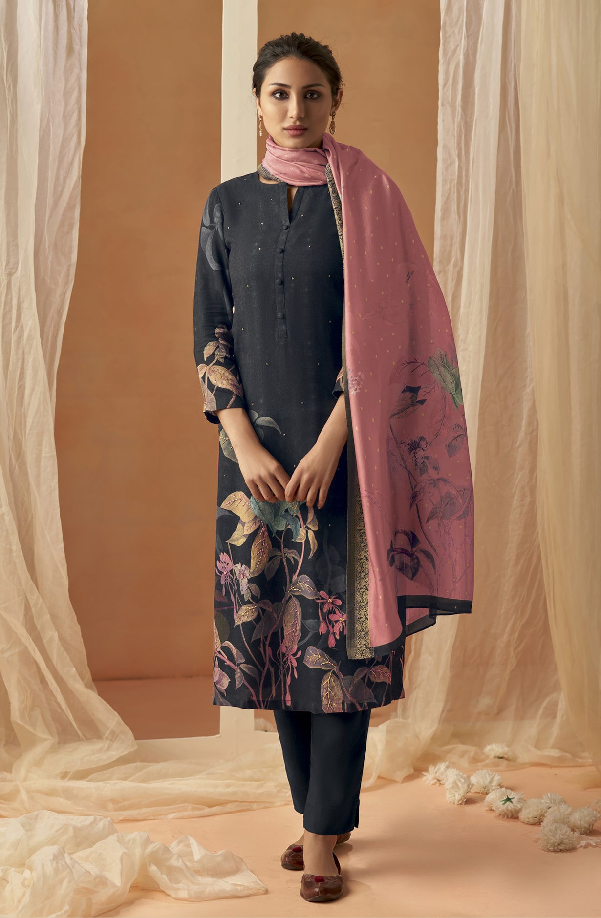 Black Cotton Digital Printed Unstitched Salwar Kameez - BAI575