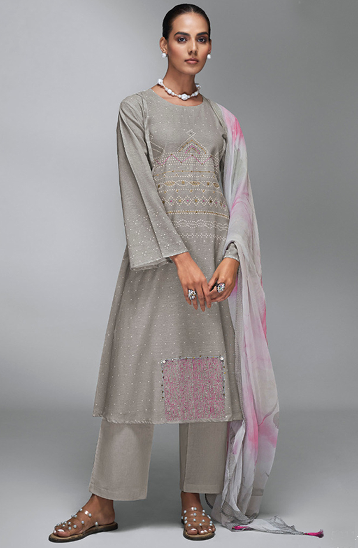 Grey Digital Printed Cotton Linen Suit Set with Dupatta - BAN5011D