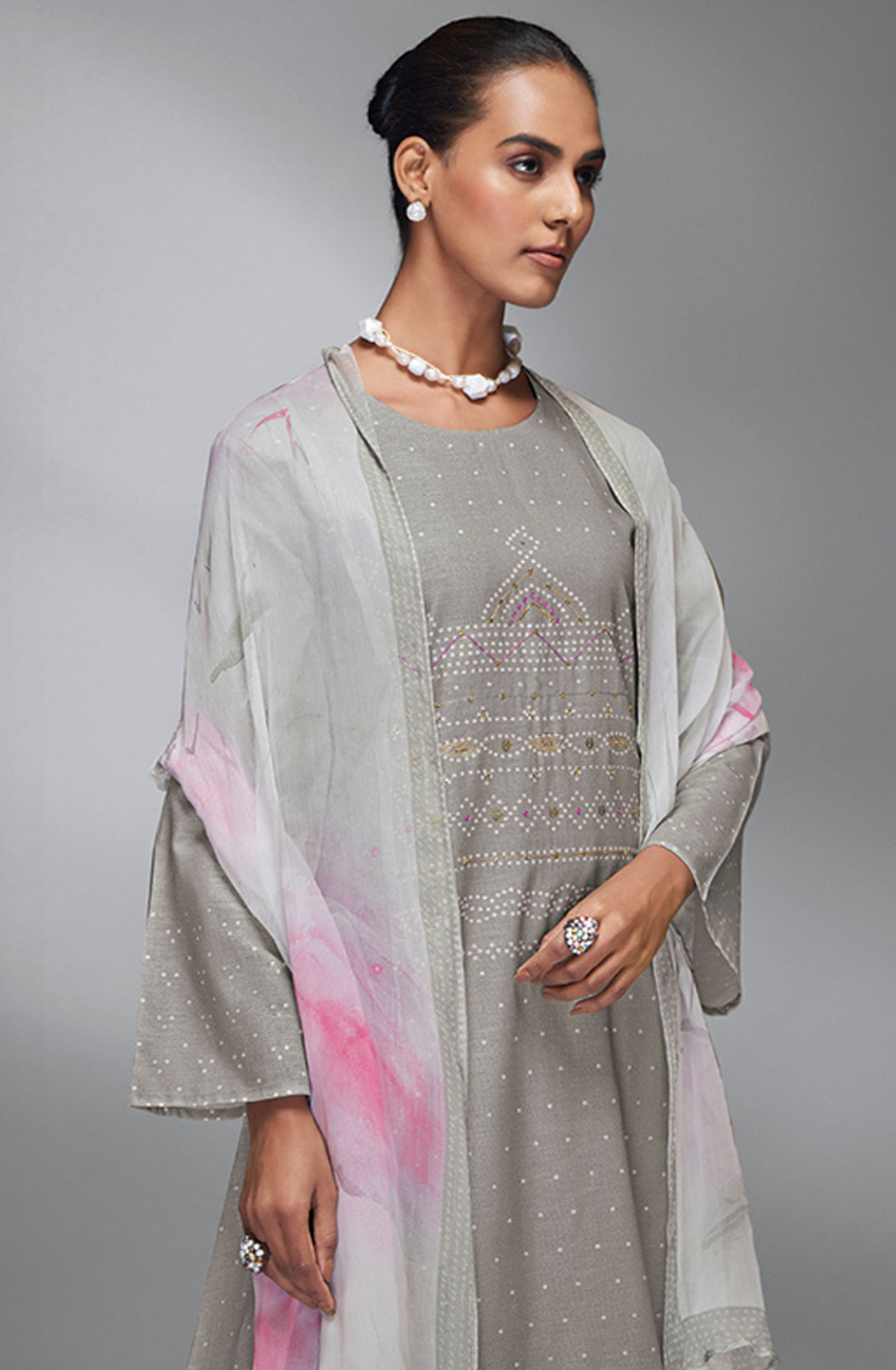 Grey Digital Printed Cotton Linen Suit Set with Dupatta - BAN5011D
