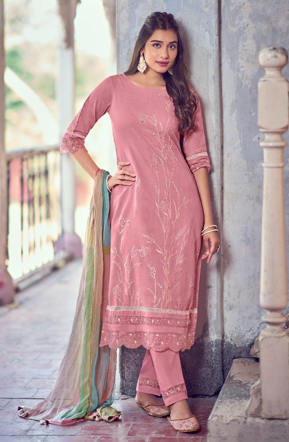 Linen Pink Beautiful Lace Work Unstitched Suit with Chiffon Dupatta - BAS9001