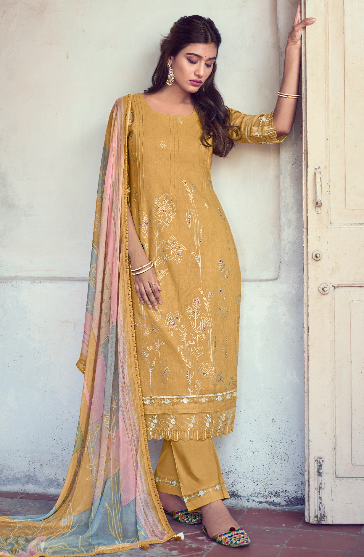Linen Mustard Yellow Beautiful Lace Work Unstitched Suit with Chiffon Dupatta - BAS9002
