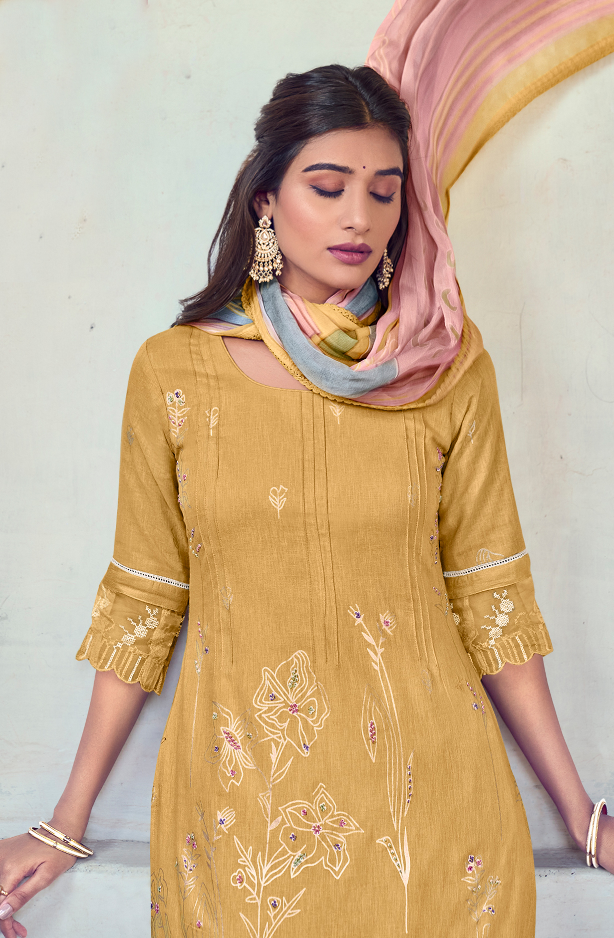 Linen Mustard Yellow Beautiful Lace Work Unstitched Suit with Chiffon Dupatta - BAS9002