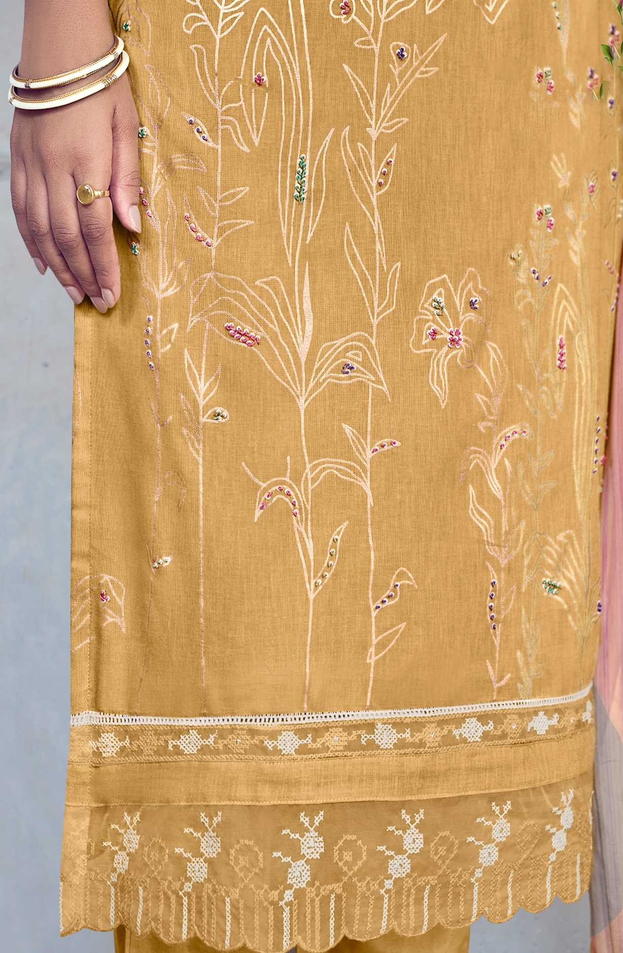 Linen Mustard Yellow Beautiful Lace Work Unstitched Suit with Chiffon Dupatta - BAS9002