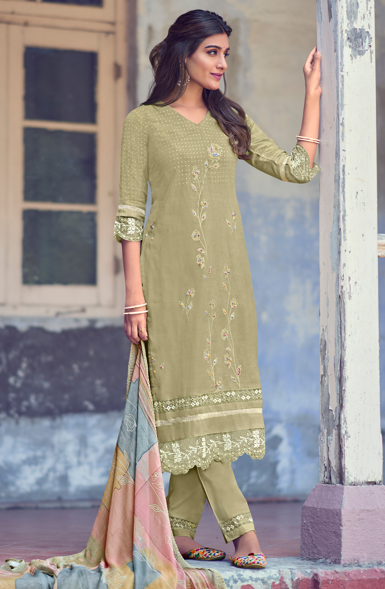 Linen Mehndi Green Beautiful Lace Work Unstitched Suit with Chiffon Dupatta - BAS9003