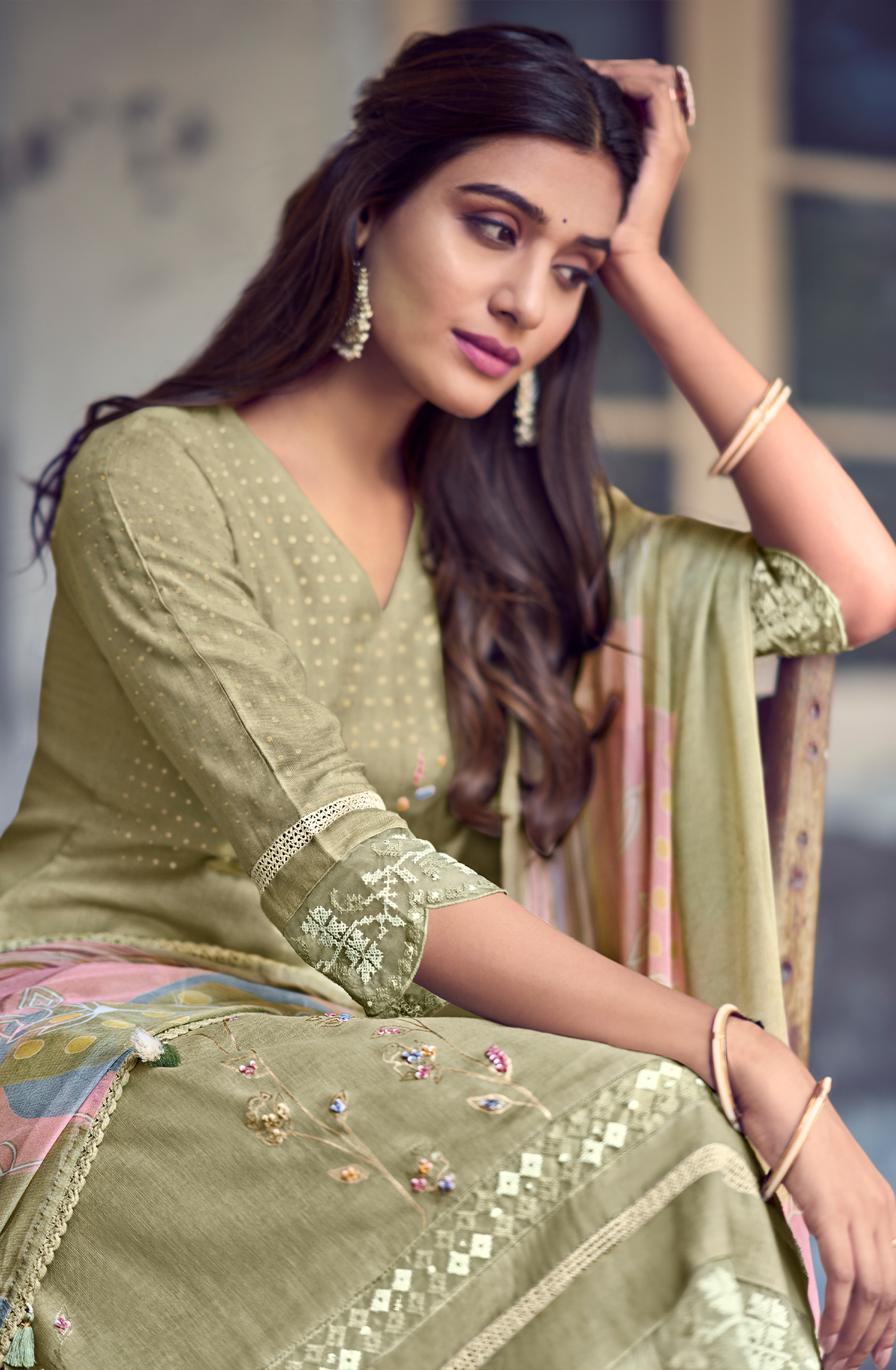 Linen Mehndi Green Beautiful Lace Work Unstitched Suit with Chiffon Dupatta - BAS9003