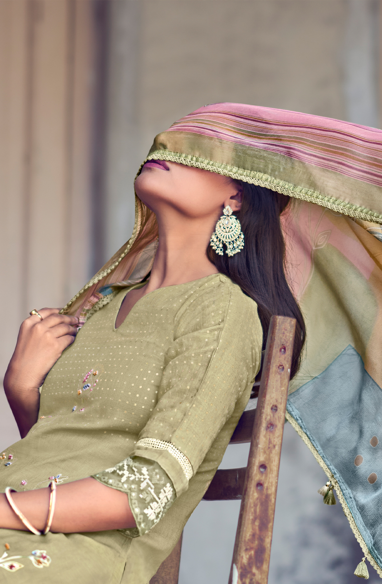 Linen Mehndi Green Beautiful Lace Work Unstitched Suit with Chiffon Dupatta - BAS9003