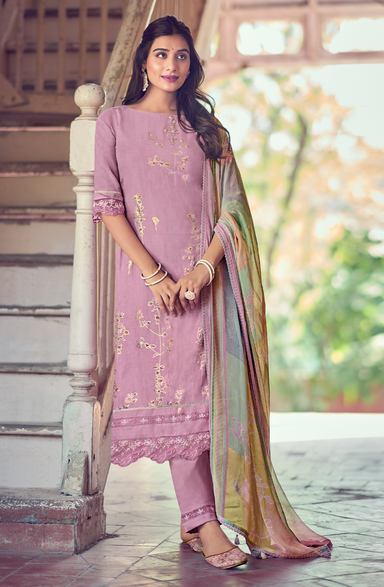 Linen Lavender Beautiful Lace Work Unstitched Suit with Chiffon Dupatta - BAS9004