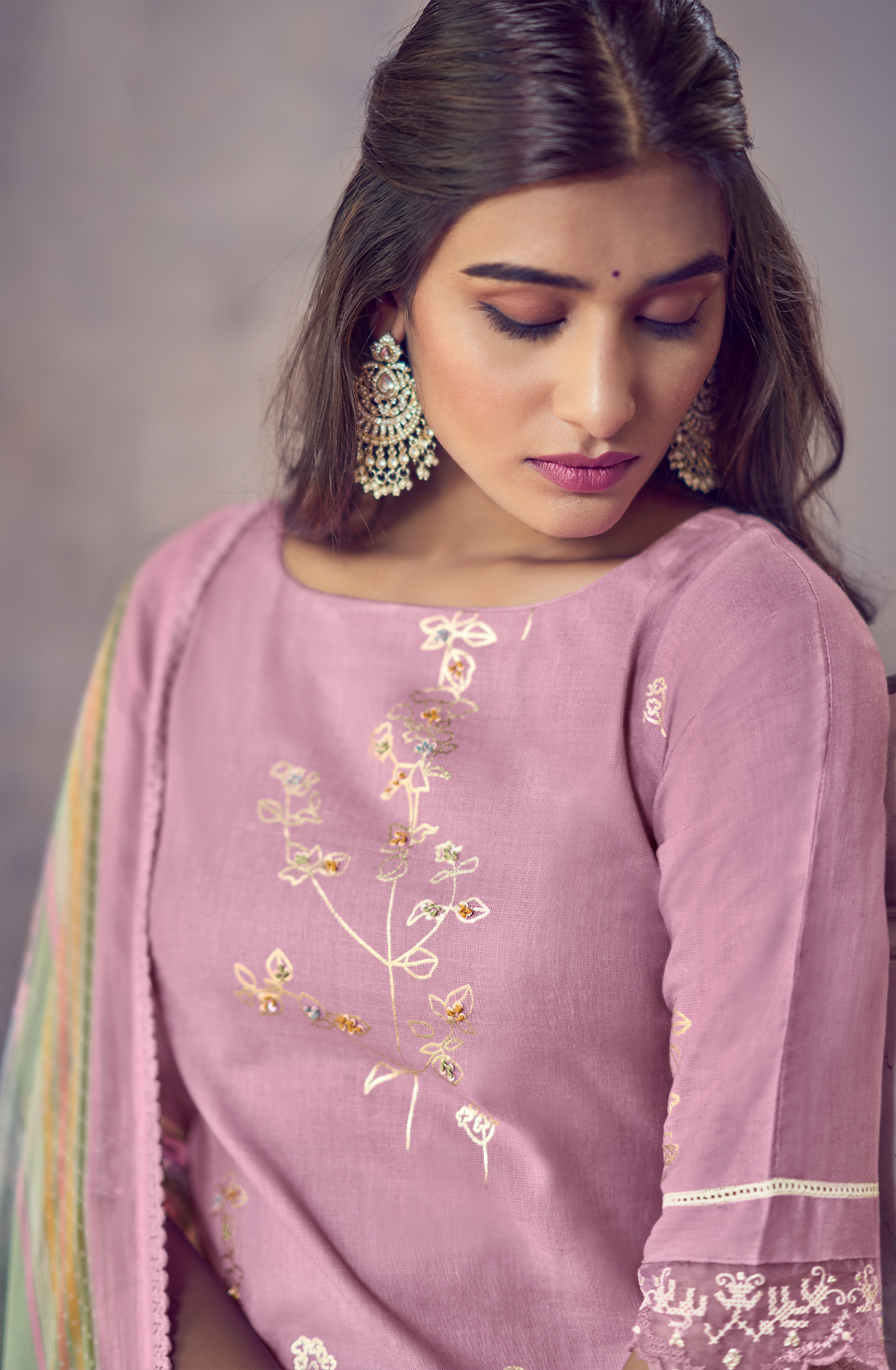 Linen Lavender Beautiful Lace Work Unstitched Suit with Chiffon Dupatta - BAS9004