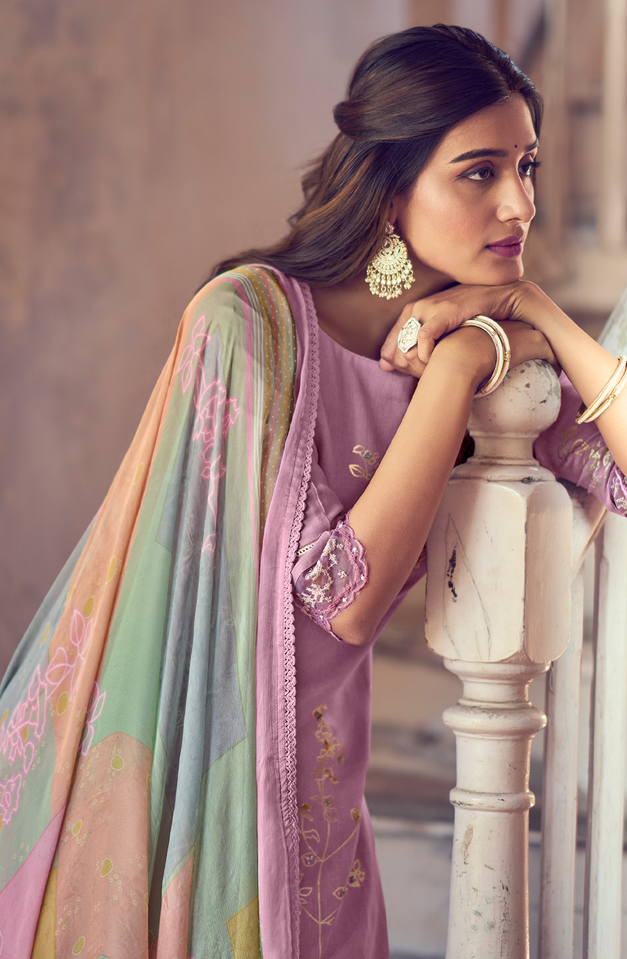 Linen Lavender Beautiful Lace Work Unstitched Suit with Chiffon Dupatta - BAS9004