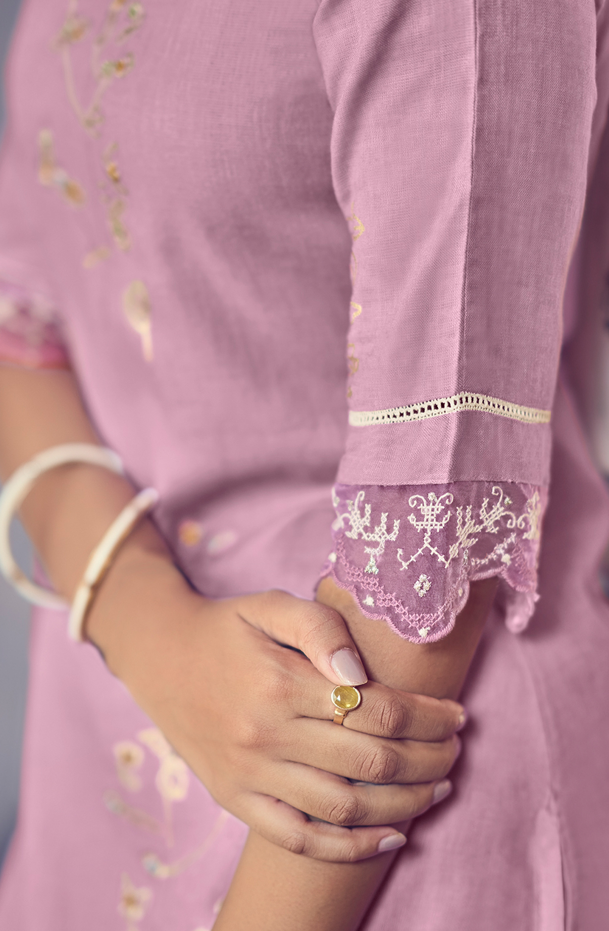 Linen Lavender Beautiful Lace Work Unstitched Suit with Chiffon Dupatta - BAS9004