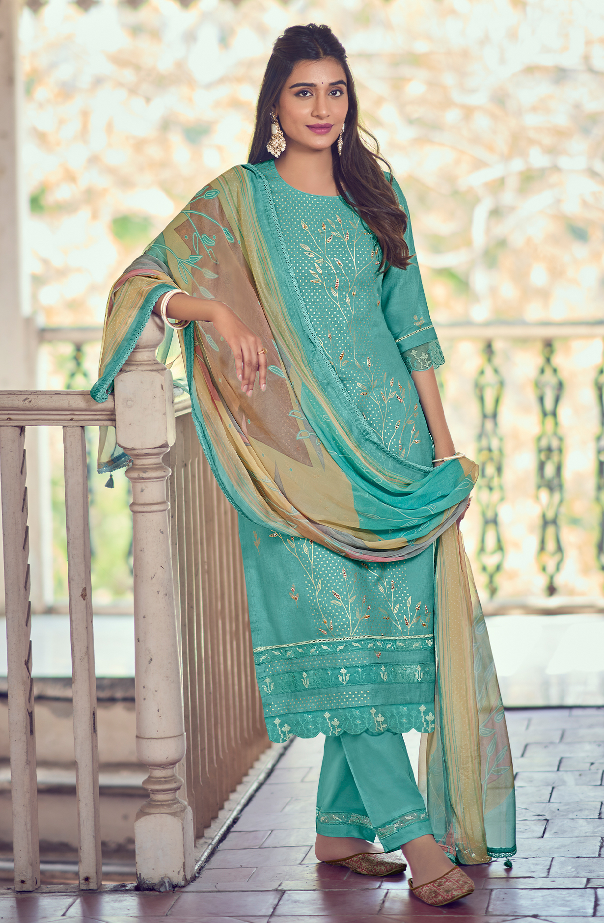 Linen Sea Green Beautiful Lace Work Unstitched Suit with Chiffon Dupatta - BAS9005
