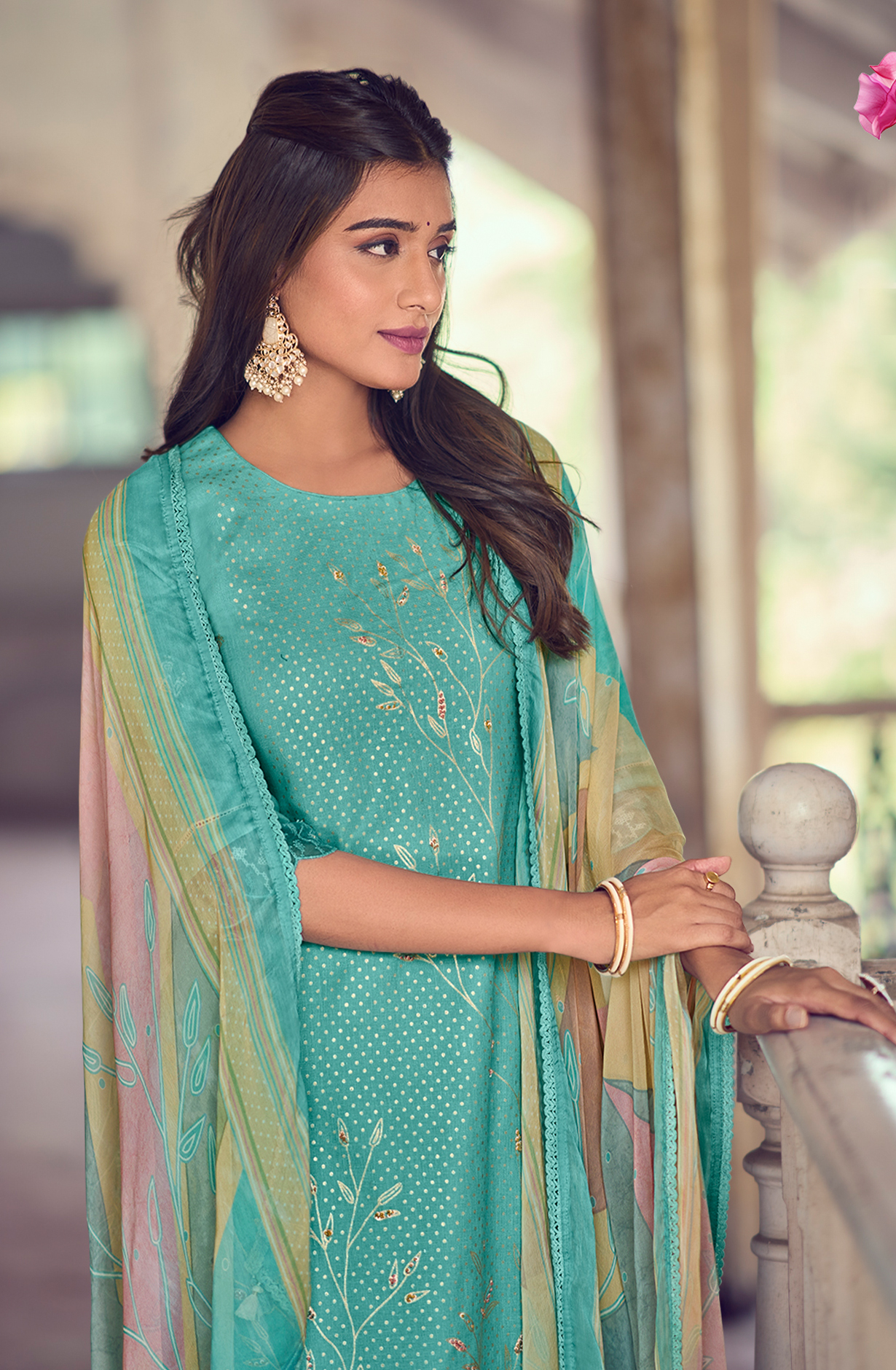 Linen Sea Green Beautiful Lace Work Unstitched Suit with Chiffon Dupatta - BAS9005