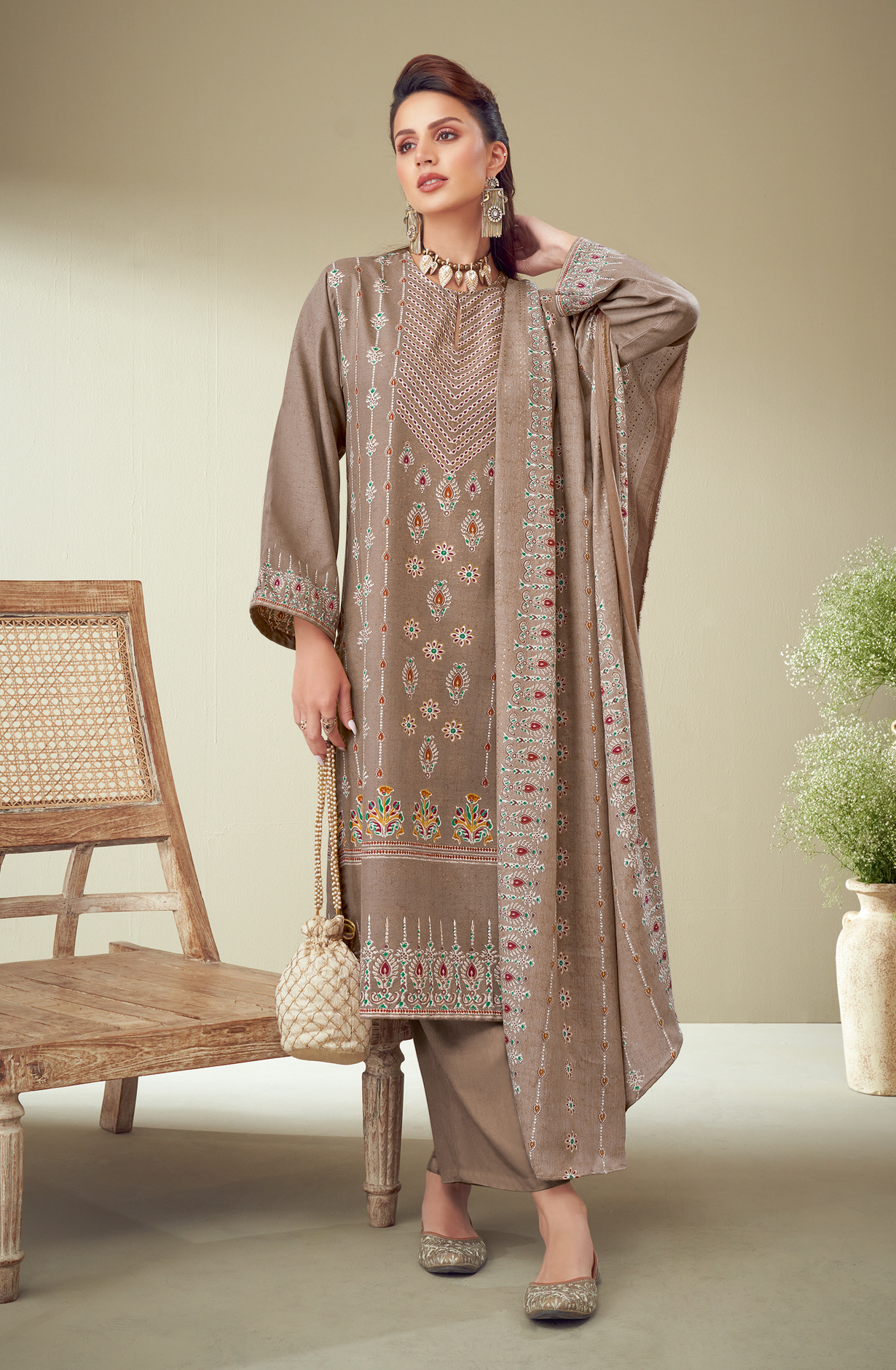 Beige Spun Digital Printed Unstitched Salwar Suit - BAT488