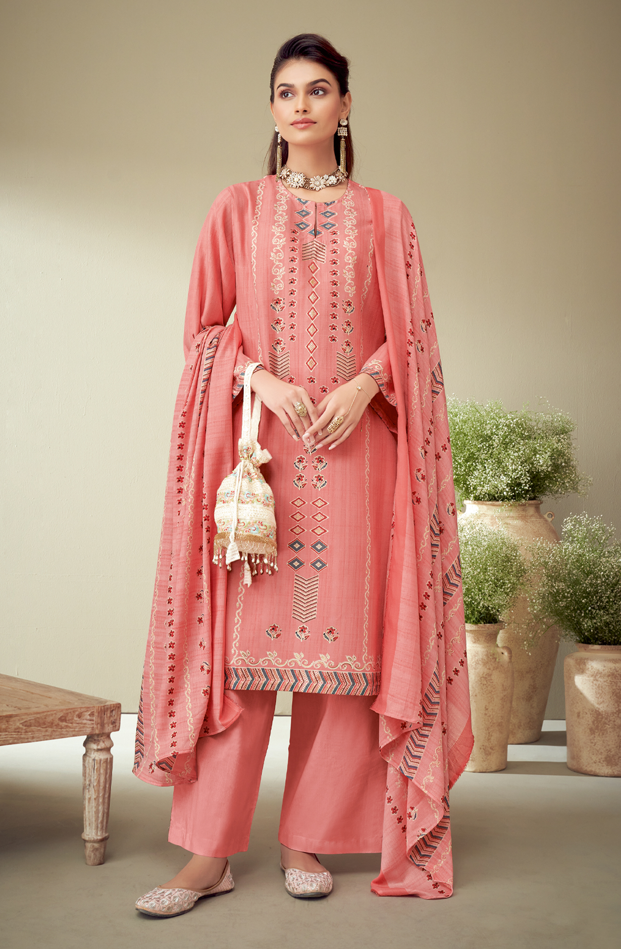 Peach Spun Digital Printed Unstitched Salwar Suit - BAT493