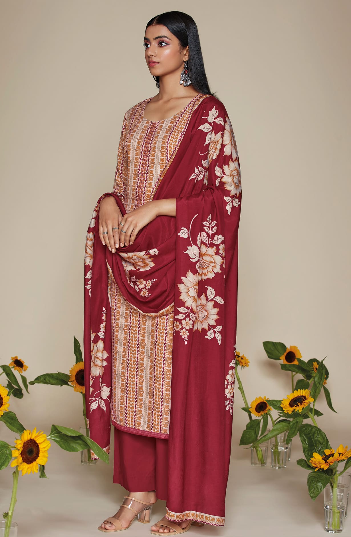Beige Maroon Spun Winterwear Printed Unstitched Salwar Kameez - KEYS1116D