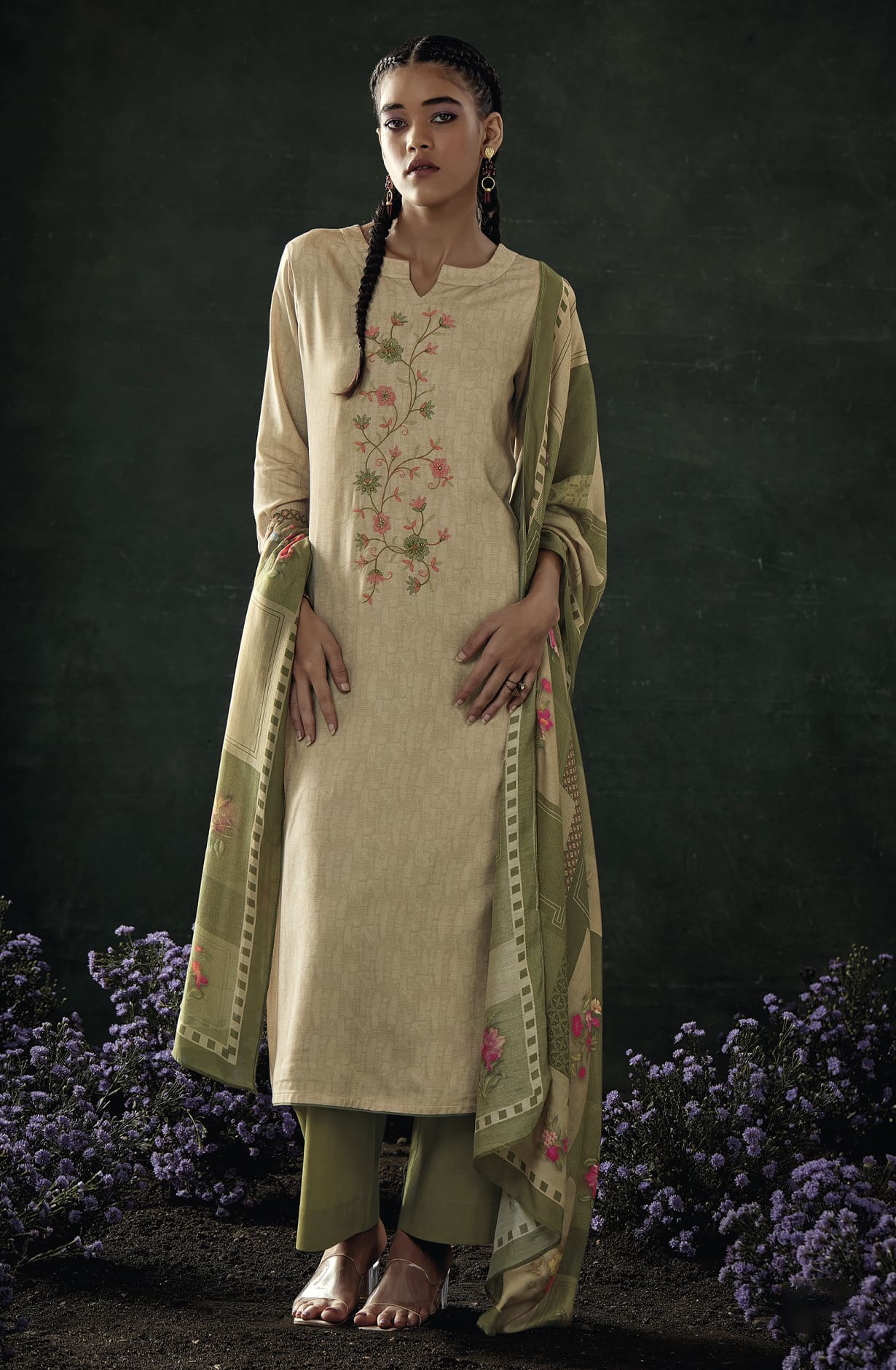 Beige Mehndi Green Spun Winterwear Printed Unstitched Salwar Kameez - KEYS1174C
