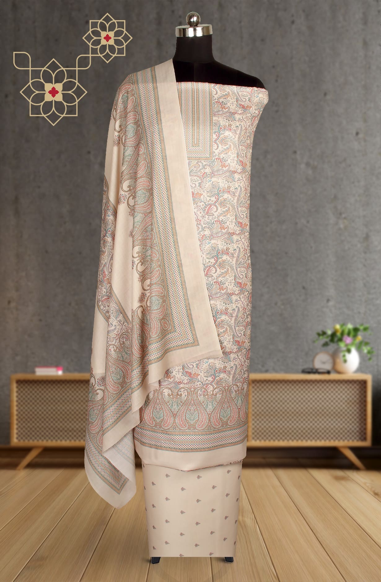 Beige Multicolor Spun Winterwear Unstitched Salwar Kameez - RIV1250B