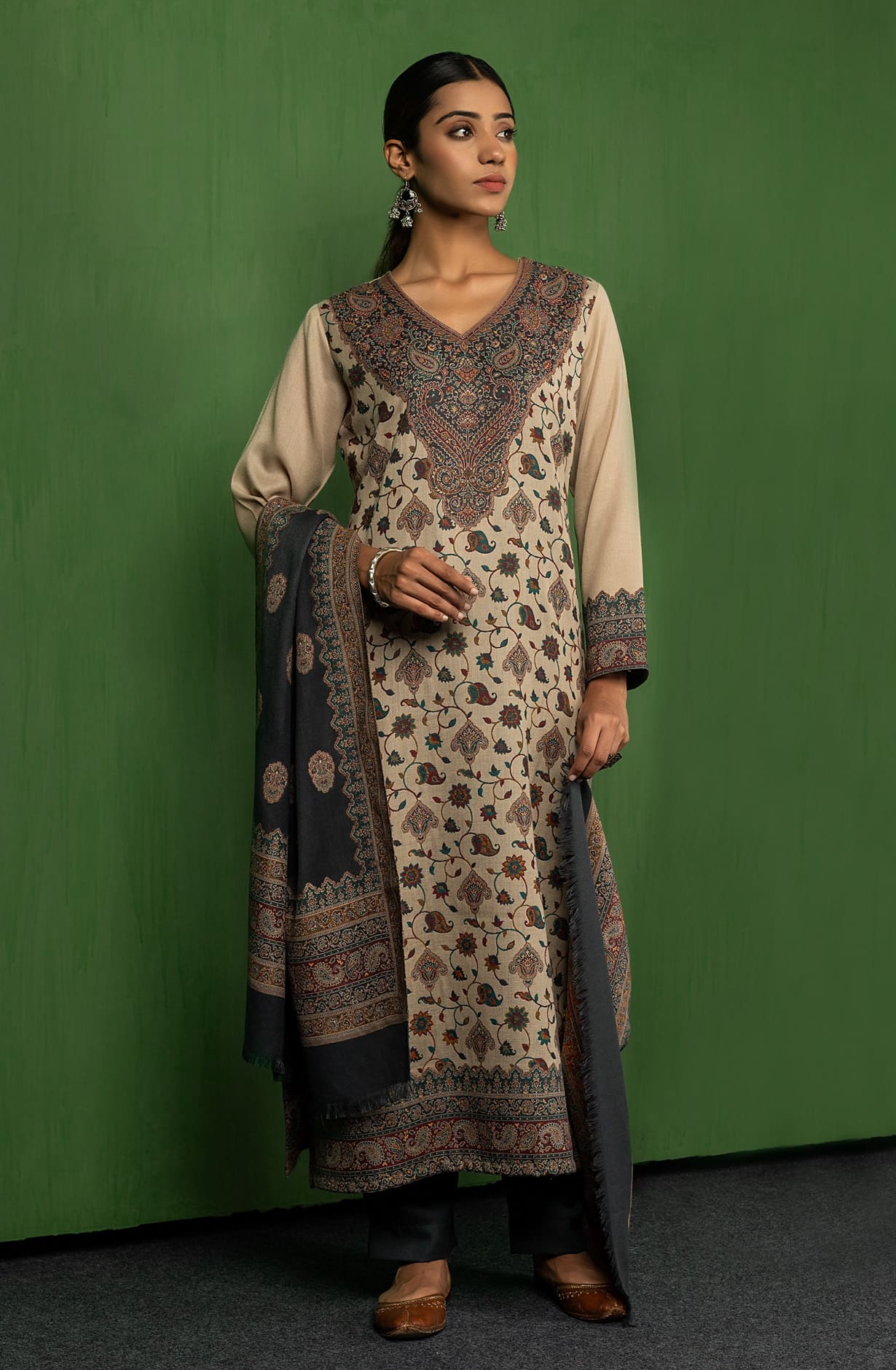 Beige Pashmina Exclusive Winterwear Unstitched Salwar Kameez - SAD1620D