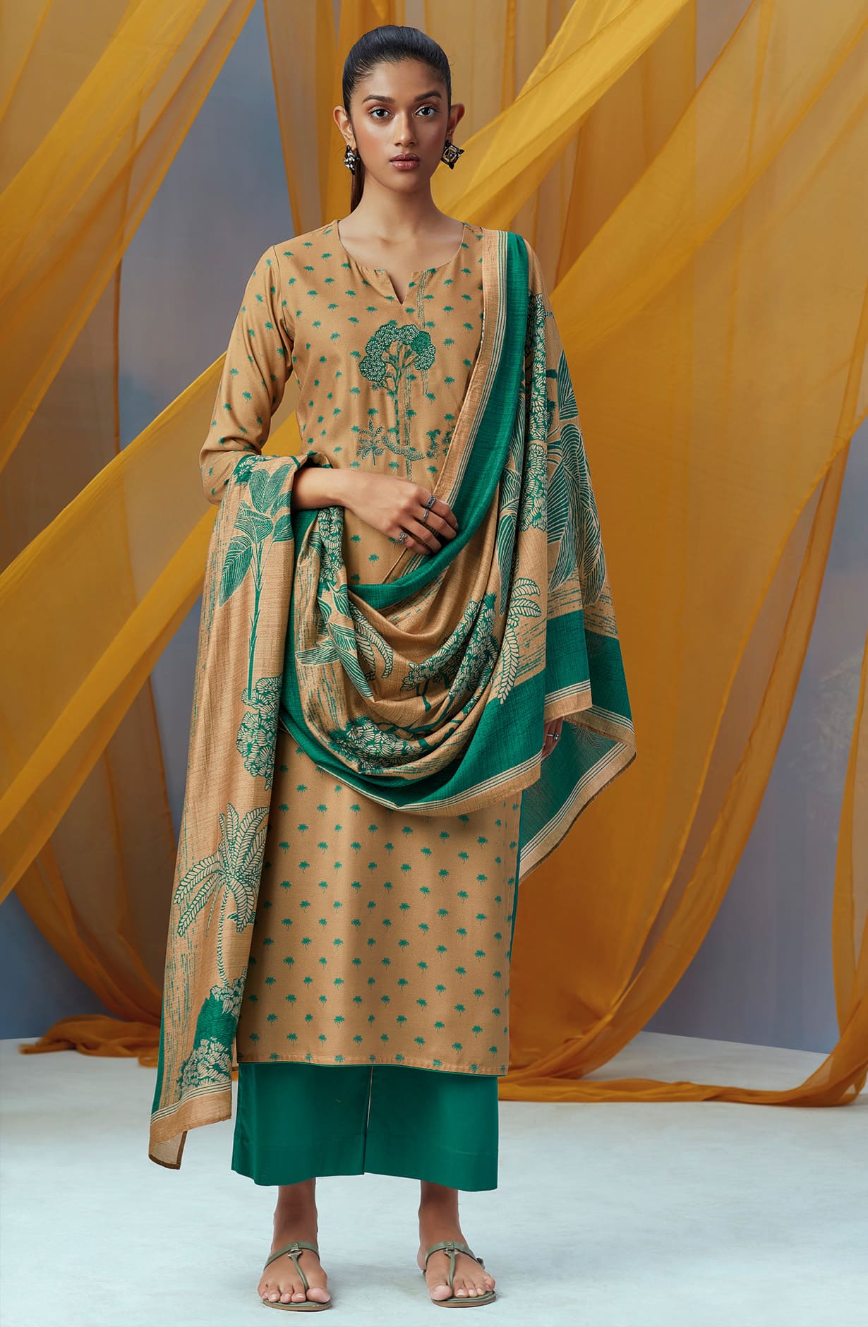 Beige Spun Winterwear Printed Unstitched Salwar Kameez - KEYS1209C