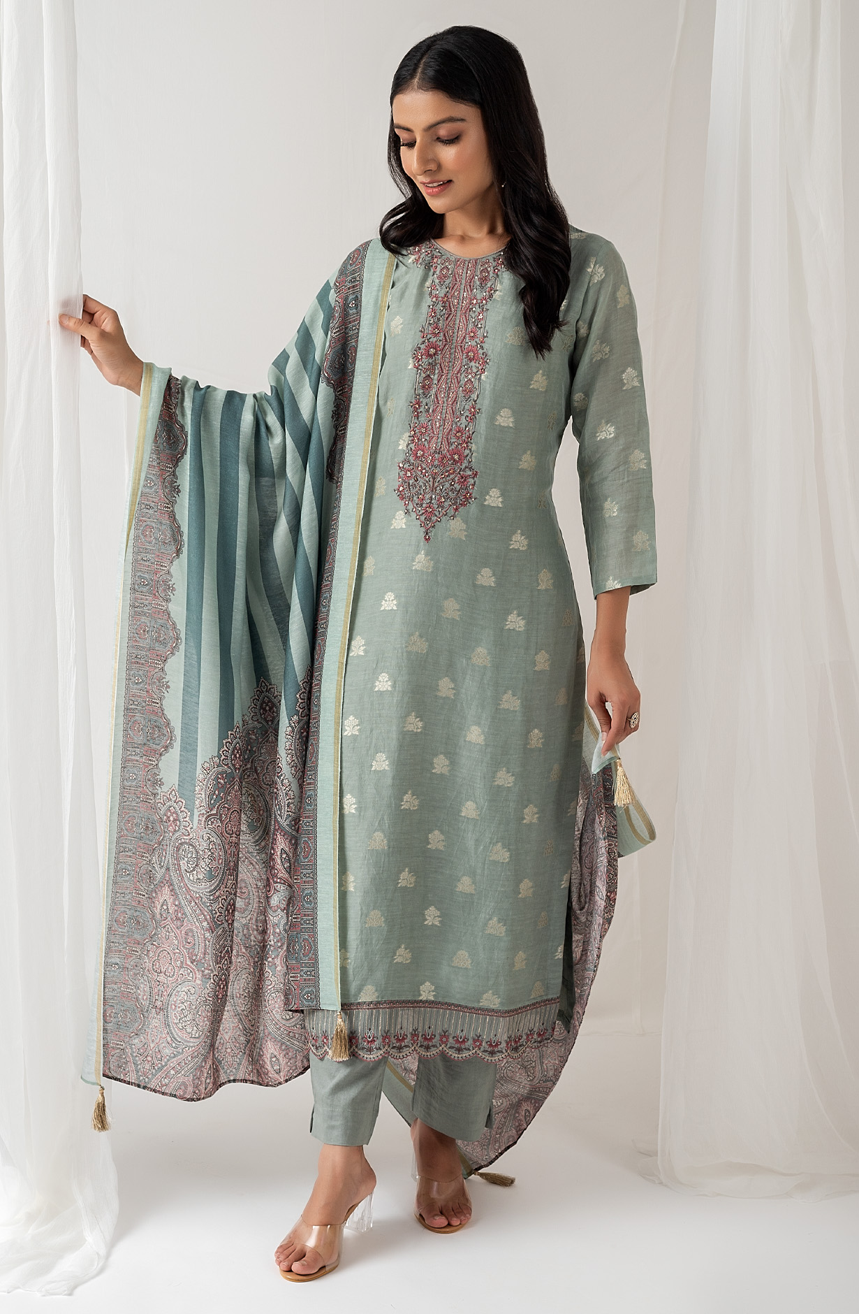 Sea Green Beautiful Linen Silk Jacquard Festive Salwar Kameez - BHA1957A