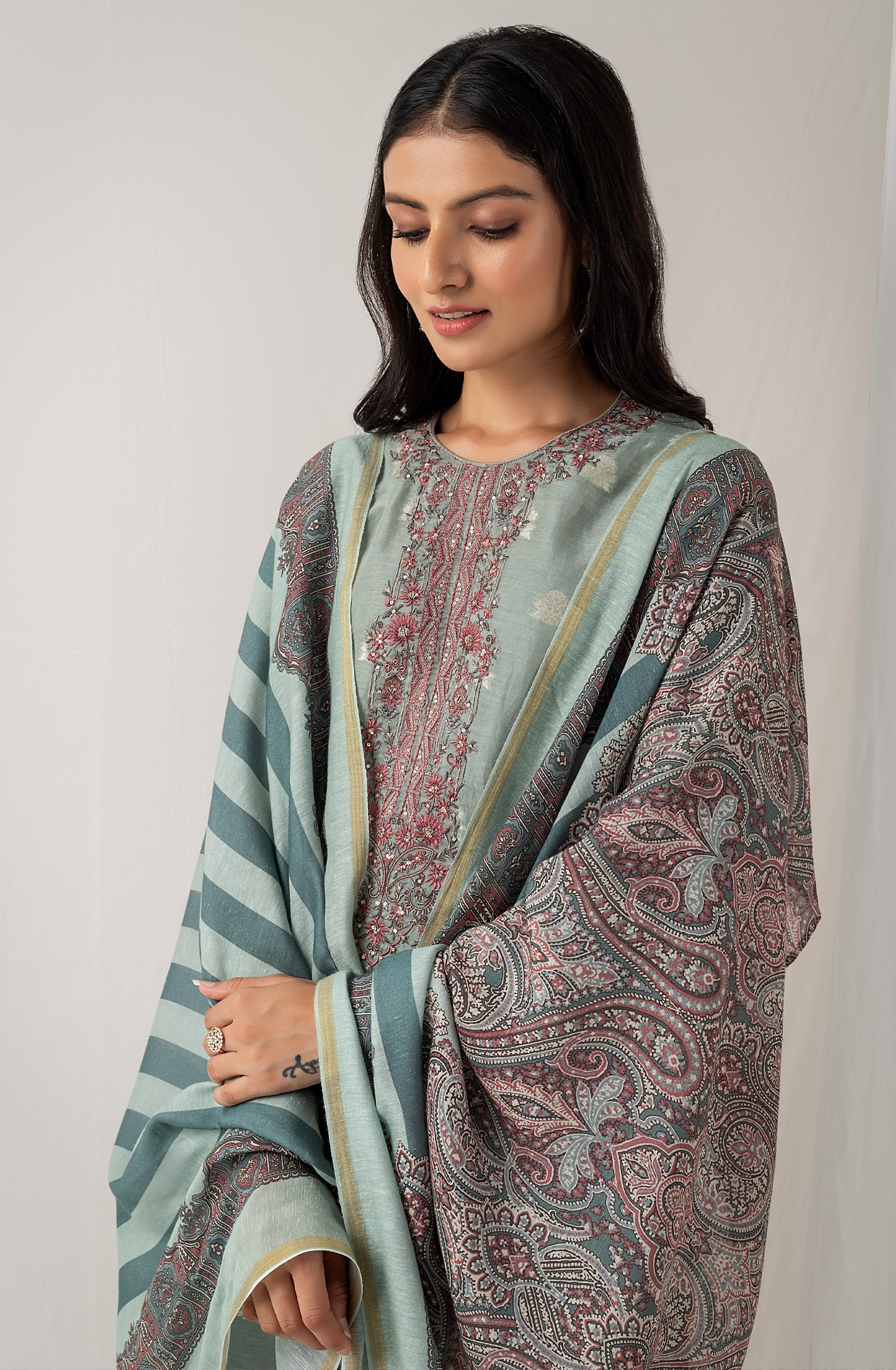Sea Green Beautiful Linen Silk Jacquard Festive Salwar Kameez - BHA1957A
