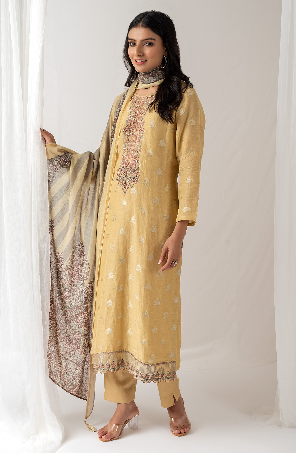 Mustard Beautiful Linen Silk Jacquard Festive Salwar Kameez - BHA1957B