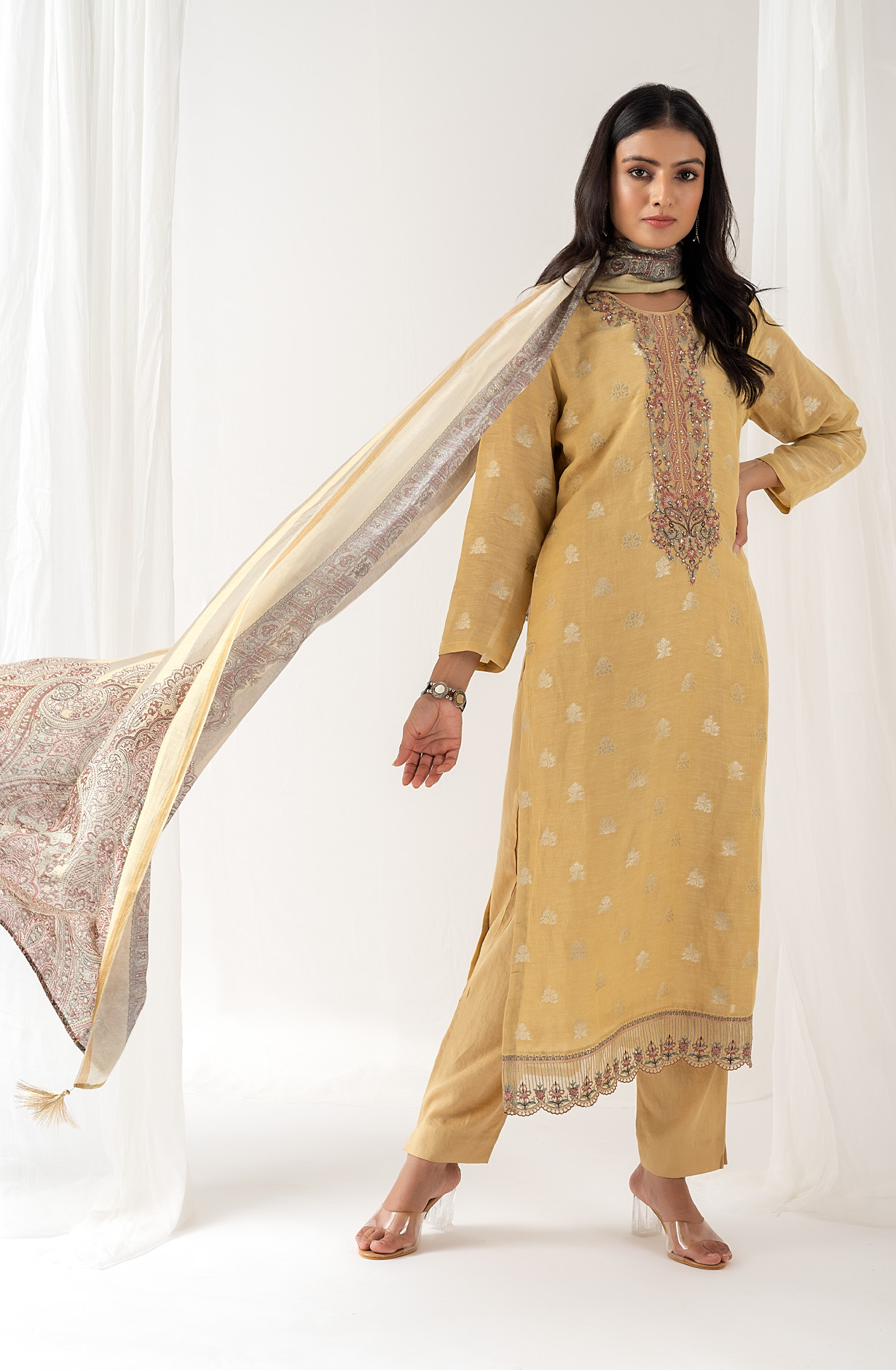 Mustard Beautiful Linen Silk Jacquard Festive Salwar Kameez - BHA1957B