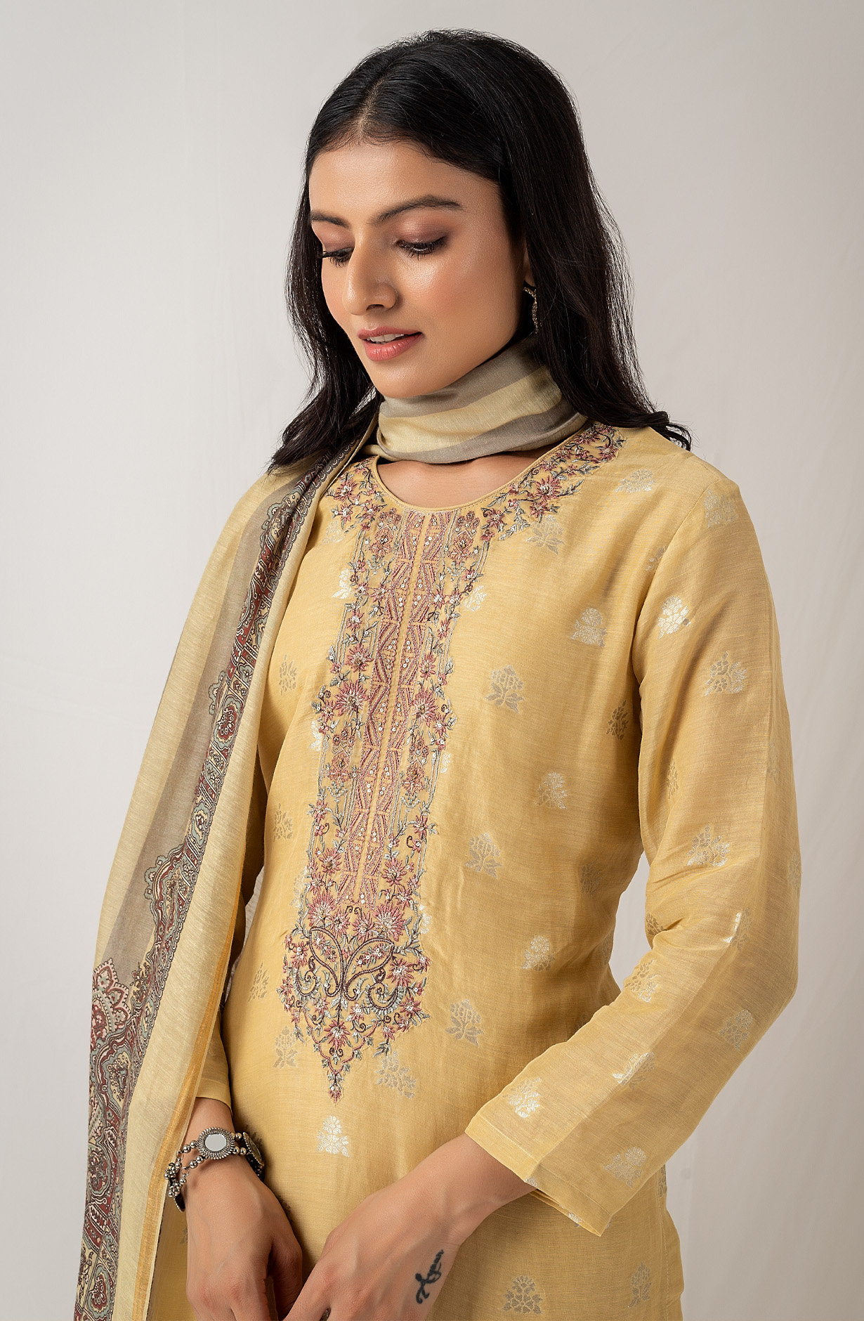 Mustard Beautiful Linen Silk Jacquard Festive Salwar Kameez - BHA1957B