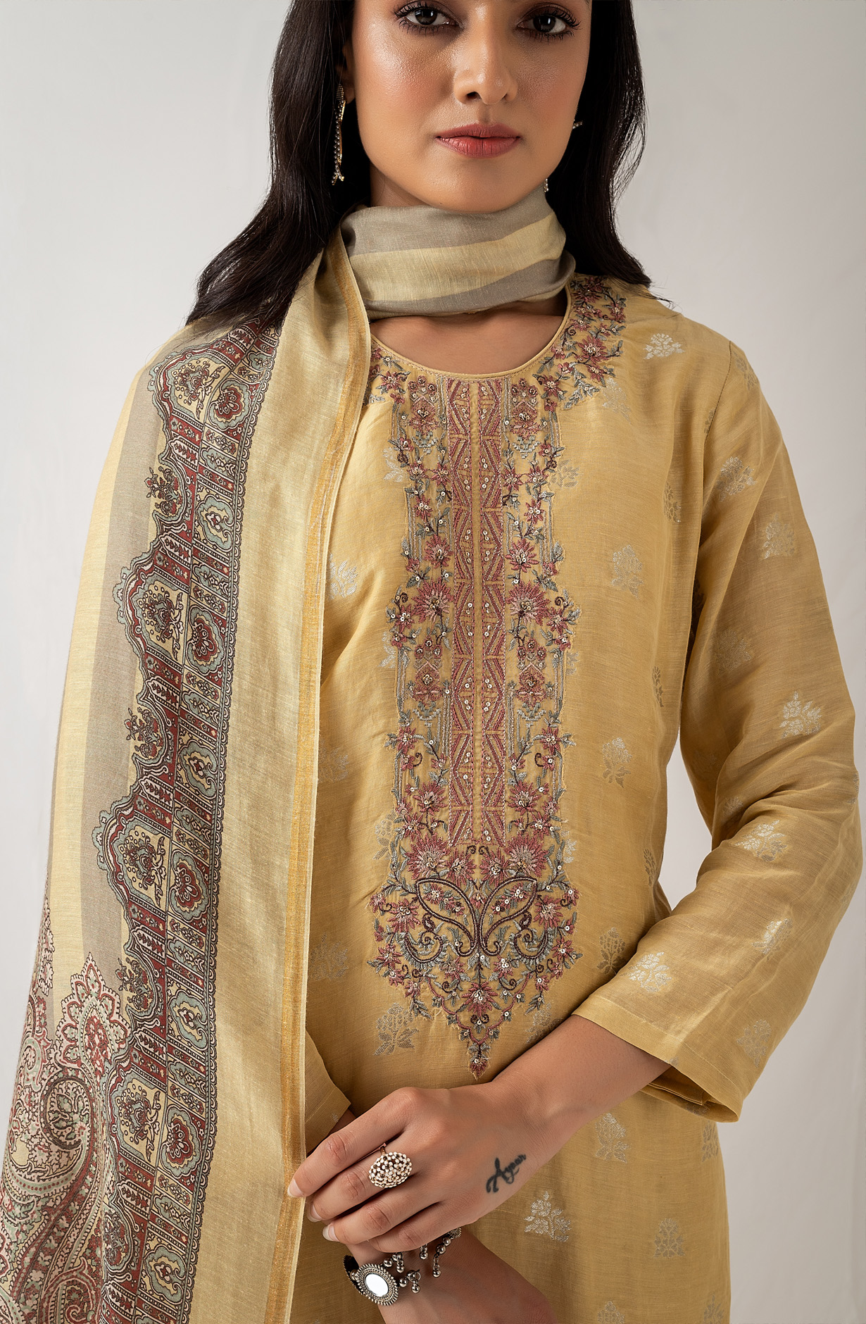 Mustard Beautiful Linen Silk Jacquard Festive Salwar Kameez - BHA1957B